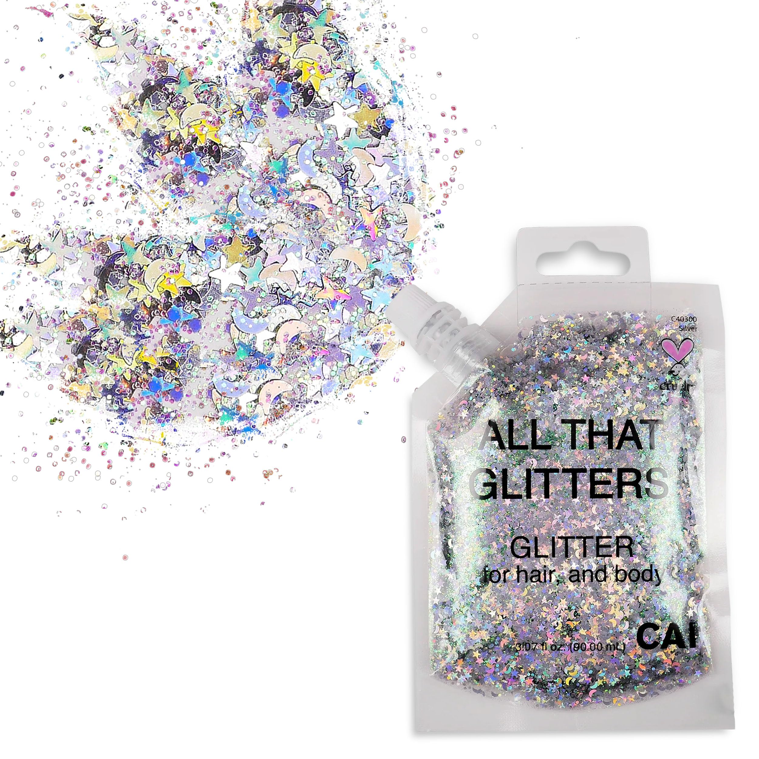 Body Glitter Gel- Face, Body & Hair (1 Pk Silver) Chunky Iridescent Holograph Stars & Moon, 3 oz | Cosmetic-Grade Makeup, Apply Without Glue, Easy to Take Off & Keep Skin Clean - for Concerts, Raves