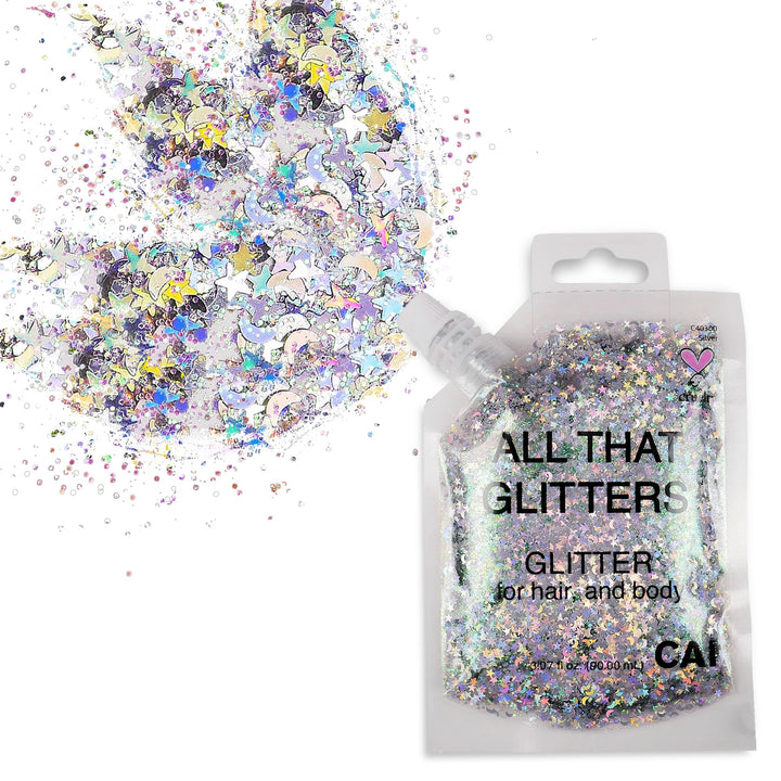 Body Glitter Gel- Face, Body & Hair (1 Pk Silver) Chunky Iridescent Holograph Stars & Moon, 3 oz | Cosmetic-Grade Makeup, Apply Without Glue, Easy to Take Off & Keep Skin Clean - for Concerts, Raves