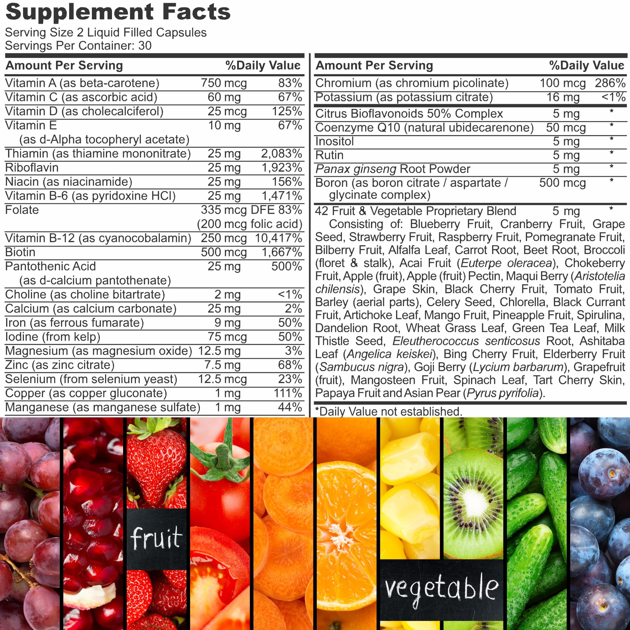 Iman Vitamins Halal Complete Multivitamin Capsules for Adults Men & Women | 42 Fruit & Vegetable Blend with Iron, Zinc, CoQ10, Folic Acid, and Vitamin A, B1, B3, B6, B12, C, D3, E | 60 Count