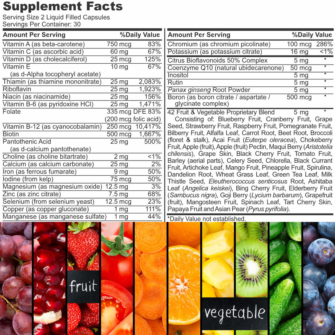 Iman Vitamins Halal Complete Multivitamin Capsules for Adults Men & Women | 42 Fruit & Vegetable Blend with Iron, Zinc, CoQ10, Folic Acid, and Vitamin A, B1, B3, B6, B12, C, D3, E | 60 Count