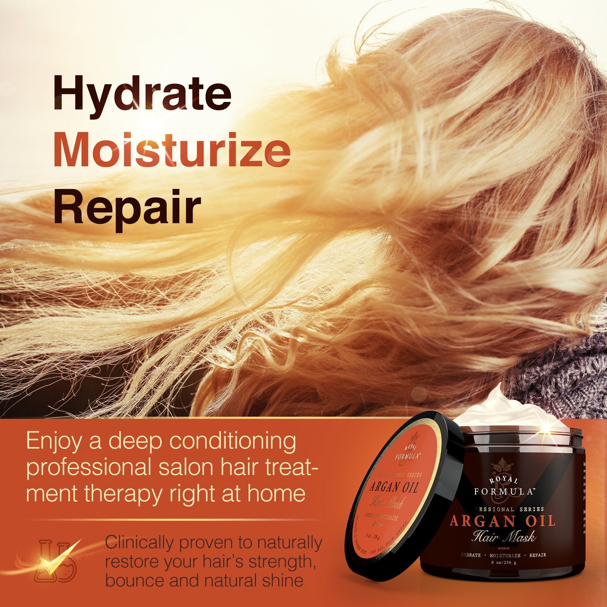 Argan Oil Hair Mask, 100% Organic Argan Almond Oils - Deep Conditioner Hair Treatment Therapy, Repair Dry, Damaged, Color Treated Bleached Hair - Hydrates Stimulates Hair Growth, 8 Oz