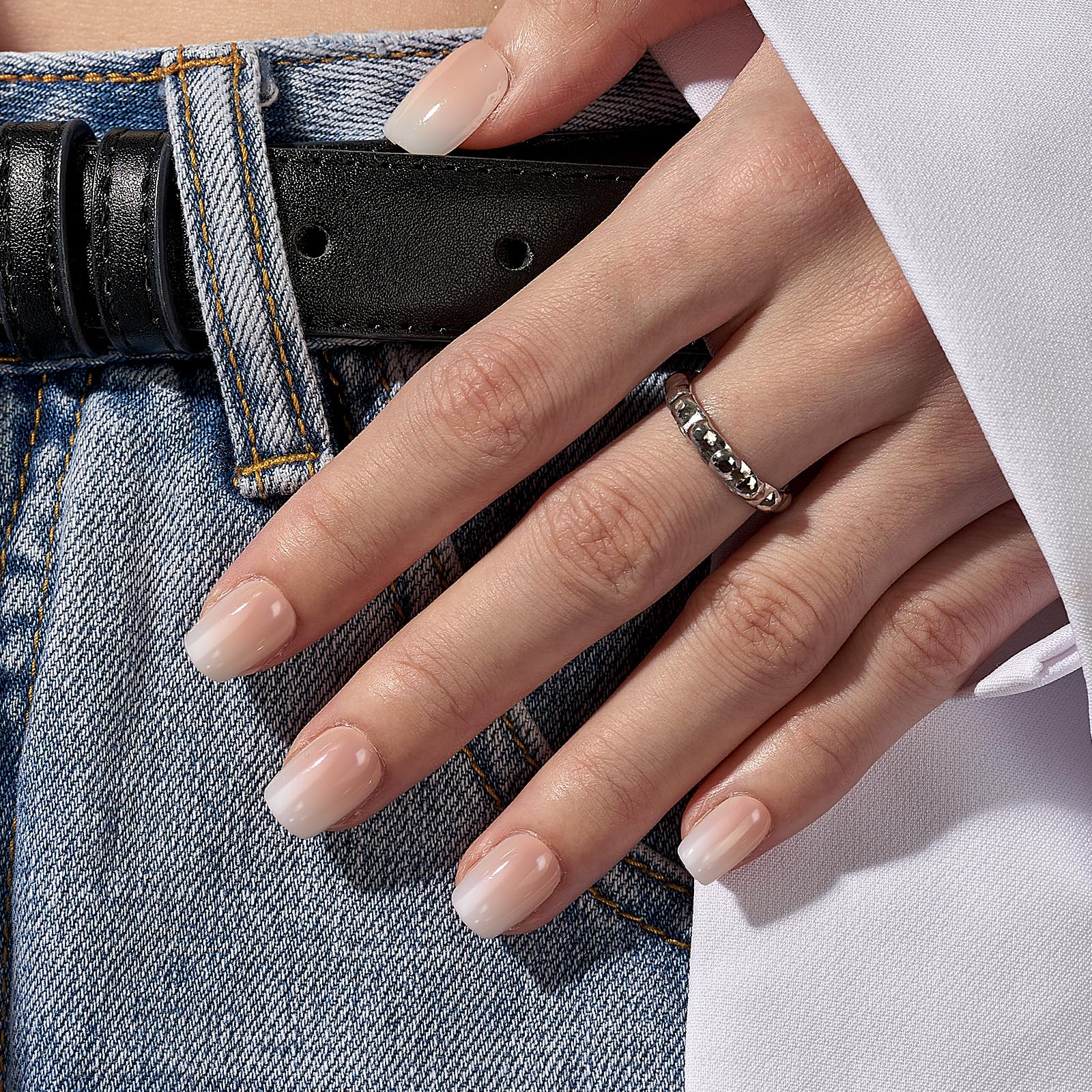 BTArtbox Square Ombre Press On Nails -Soft Gel Press On Nails Short with Nail Glue, 15 Sizes - 30 Reusable Fake Nails Kit, Vanilla Cream