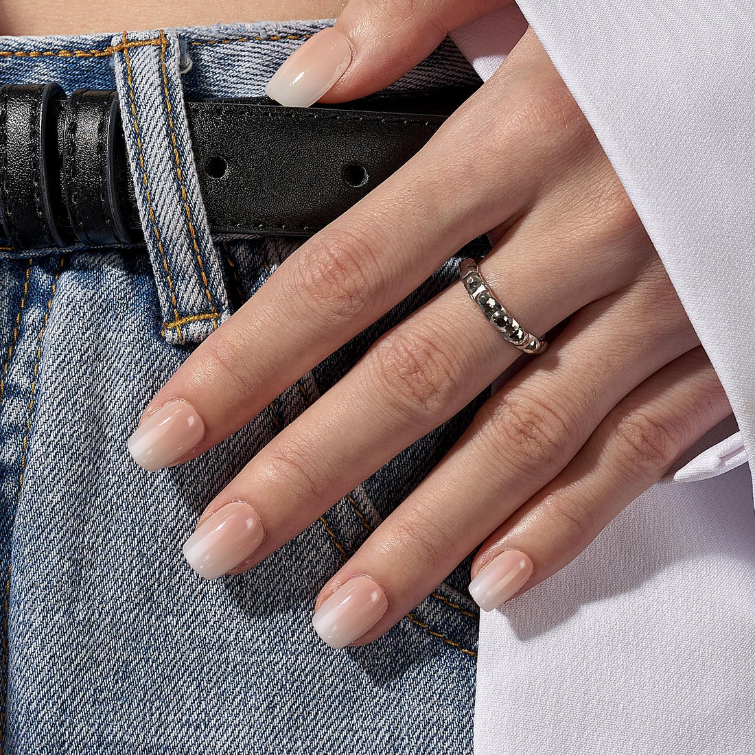 BTArtbox Square Ombre Press On Nails -Soft Gel Press On Nails Short with Nail Glue, 15 Sizes - 30 Reusable Fake Nails Kit, Vanilla Cream