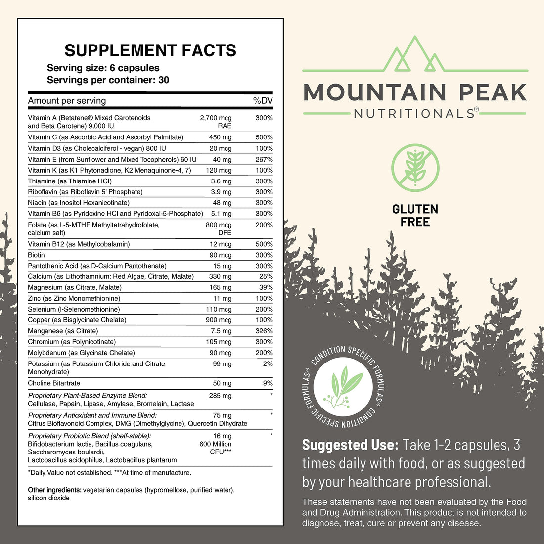 Mountain Peak Nutritionals Ultra High Multivitamin - Helps Support Well Being - Complete w/Vitamin A, Vitamin B12 & Probiotic Formula - Hypoallergenic Dietary Supplement (180 Vegetarian Capsules)