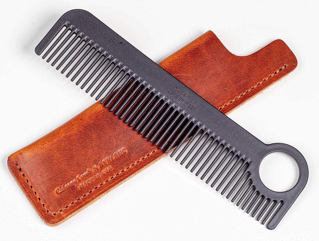 Chicago Comb Model 1 Carbon Fiber Comb + English Tan Horween leather sheath, Made in USA, ultimate pocket and travel comb, ultra smooth strong & light, anti-static, American sheath