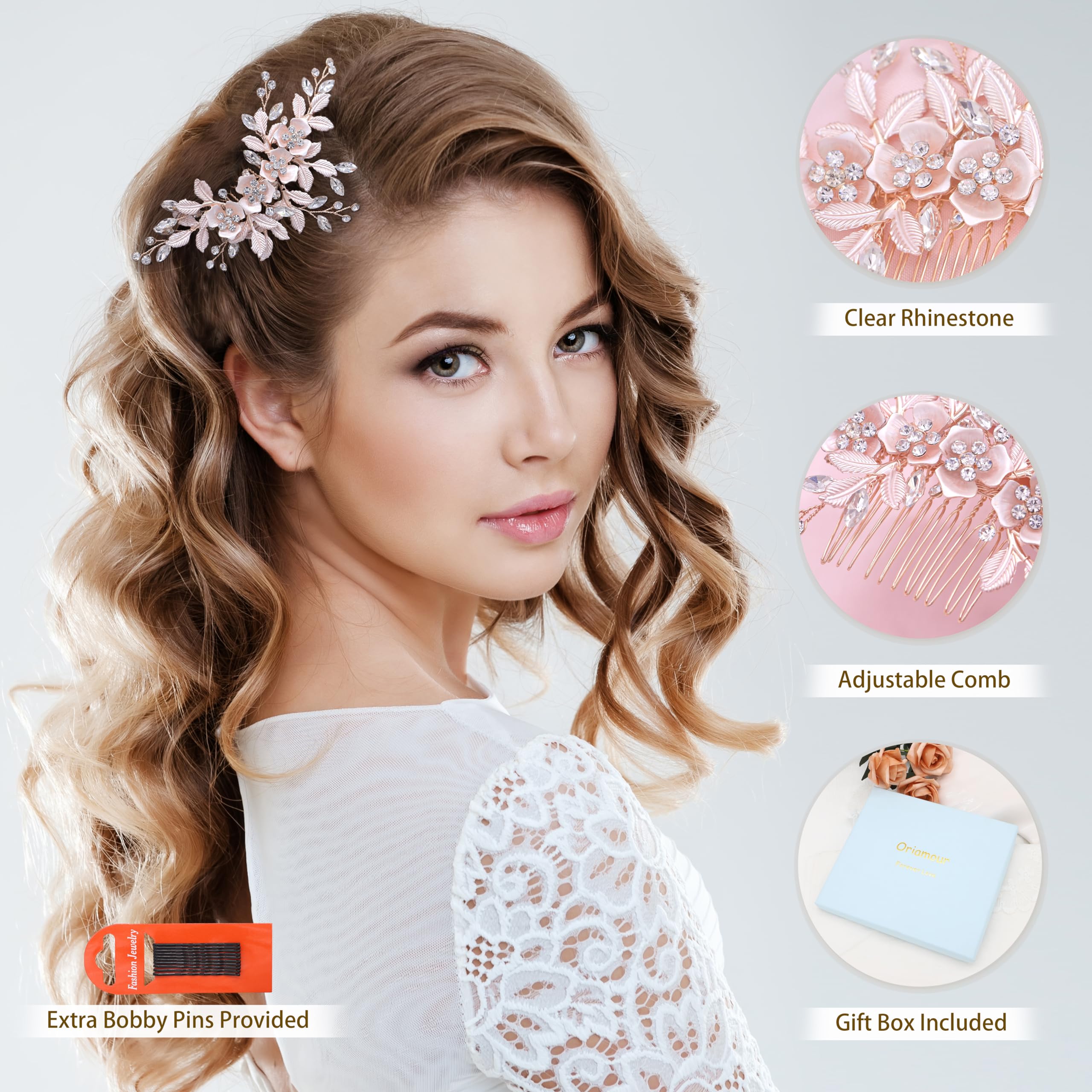 Ammei Rose Gold Hiair Side Comb With 2 Set Hair Pins Bridal Hair Accessories Weding Headpiece Set