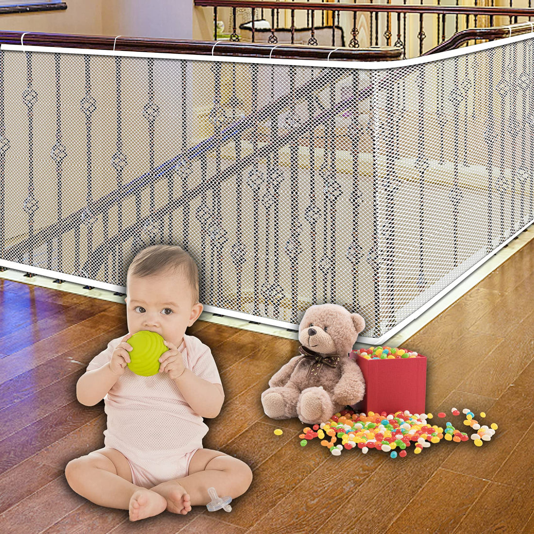 JIFTOK Baby Gate for Stairs, Banister Guard for Kids, Pets, Toys, 10ft L x 2.66 ft H, Mesh Netting Safety Net for Balcony Rail Stair, Stairway Net Baby Safety Products for Indoor & Outdoor (White)