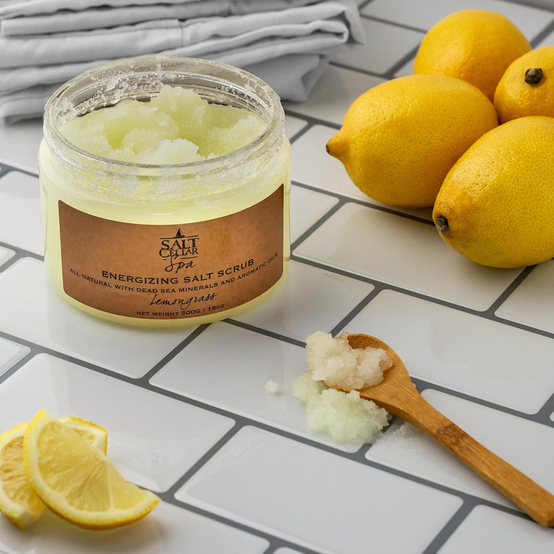 Salt Cellar Spa Energizing Lemongrass Salt Scrub - Awaken Your Skin with Dead Sea Minerals - Revive, Refresh, and Rejuvenate - Made in Israel, Cruelty-Free, 18 oz.