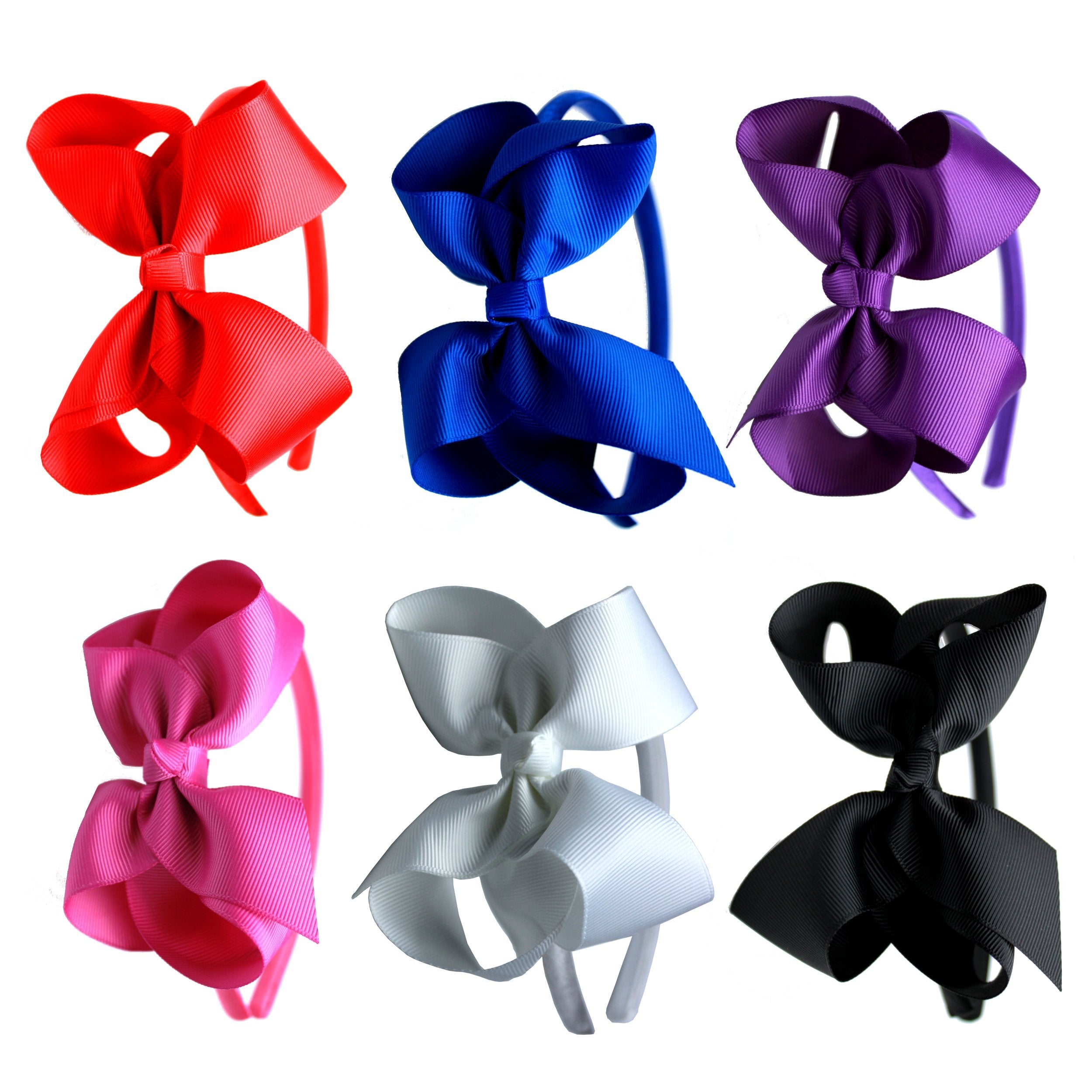Syleia K&M Fashion Headbands with 4 inch Bow, Set of 6 Blue, White, Black, Red, Purple, Rose School and Playtime Perfect Hair
