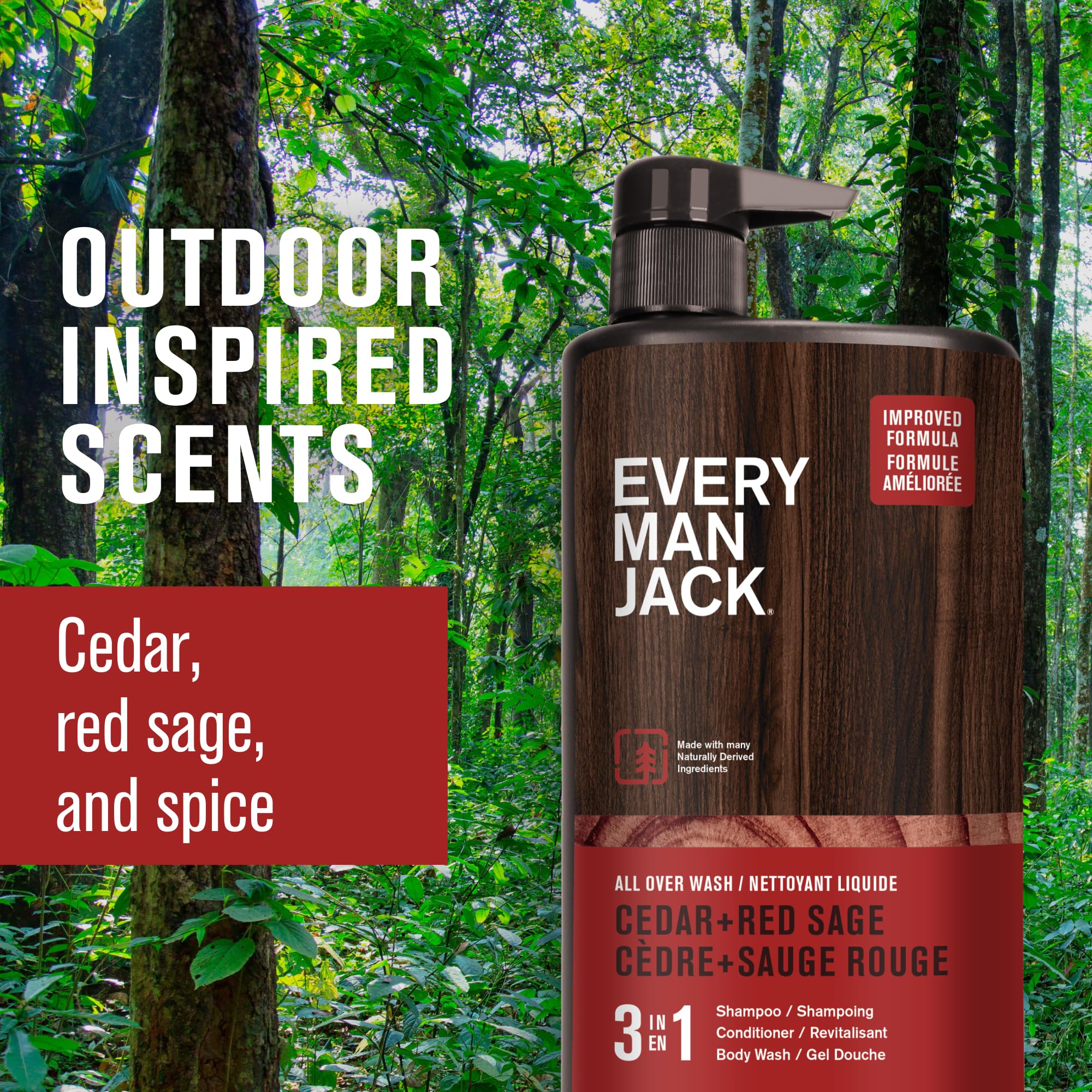 Every Man Jack Cedar + Red Sage Hydrating Mens 3-in-1 All Over Wash for All Skin and Hair Types - Body Wash, Shampoo and Conditioner with Naturally Derived Ingredients - 28.8oz (2 Pack)
