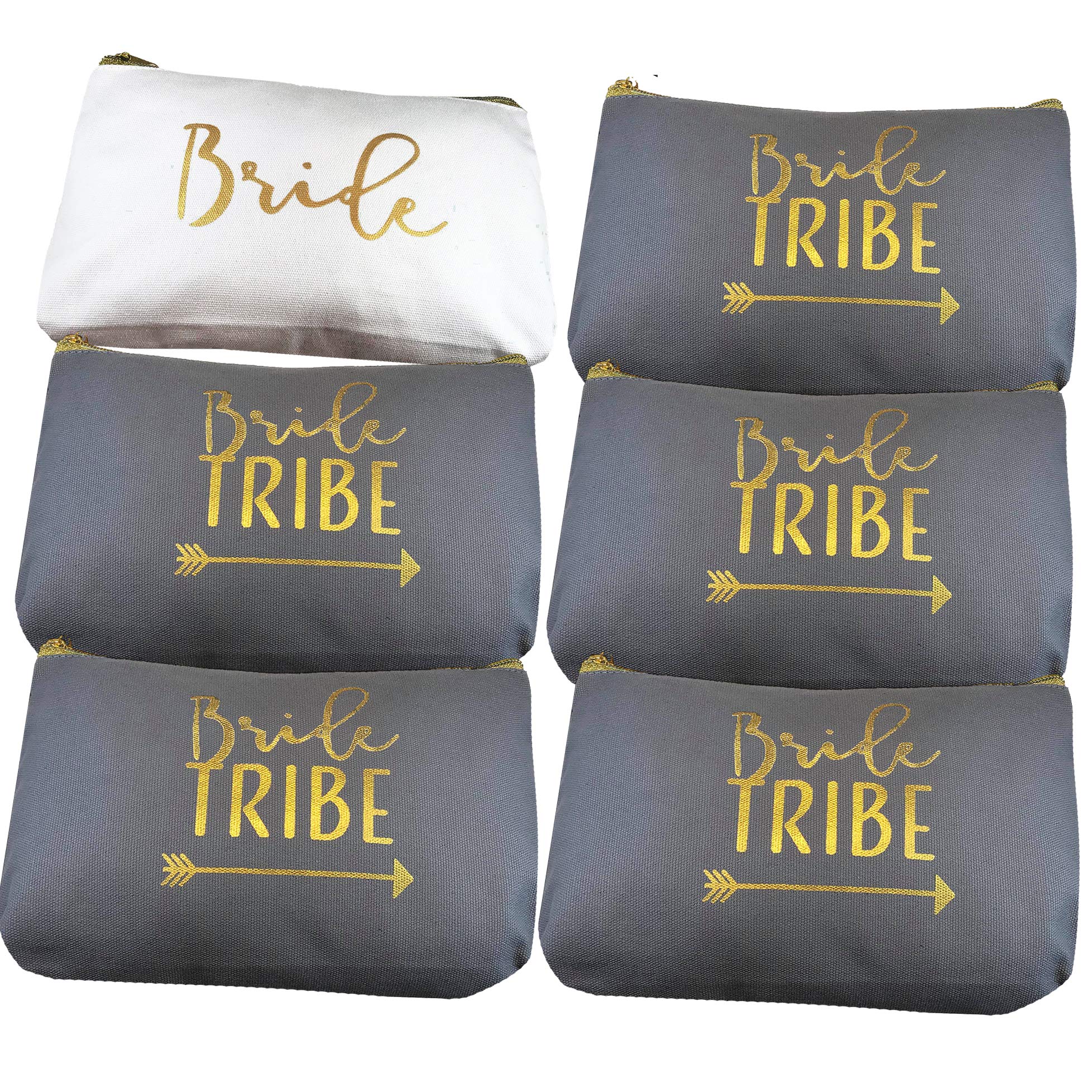 6 Piece Set | Bride Tribe Canvas Cosmetic Makeup Clutch Gifts Bag for Bridesmaid Proposal Box & Bridesmaids Bachelorette Party Favors (Grey)