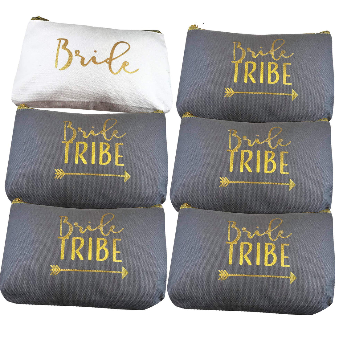 6 Piece Set | Bride Tribe Canvas Cosmetic Makeup Clutch Gifts Bag for Bridesmaid Proposal Box & Bridesmaids Bachelorette Party Favors (Grey)