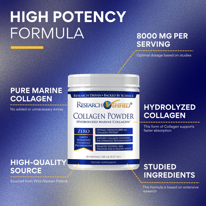 Research Verified® Collagen Powder - Hydrolyzed Marine Collagen - Unflavored - Skin Hydration and Elasticity, Muscle Recovery, Non GMO - 30 Scoops Per Container - 3 Month Supply