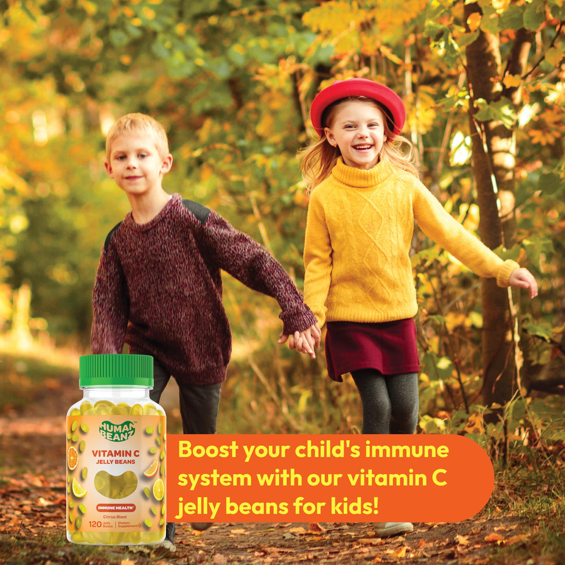 Human Beanz Vitamin C Jelly Bean Gummies for Kids, Immune Support Dietary Supplements, Vegetarian, 120 Citrus Blast Jelly Beans, Kosher