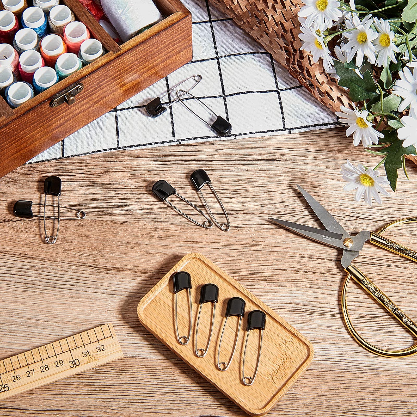 50 Pieces Diaper Pins Safety 2.2 Inch Plastic Head Cloth Diaper Nappy Pins with Locking Closures Stainless Steel with Velvet Bag(Black)