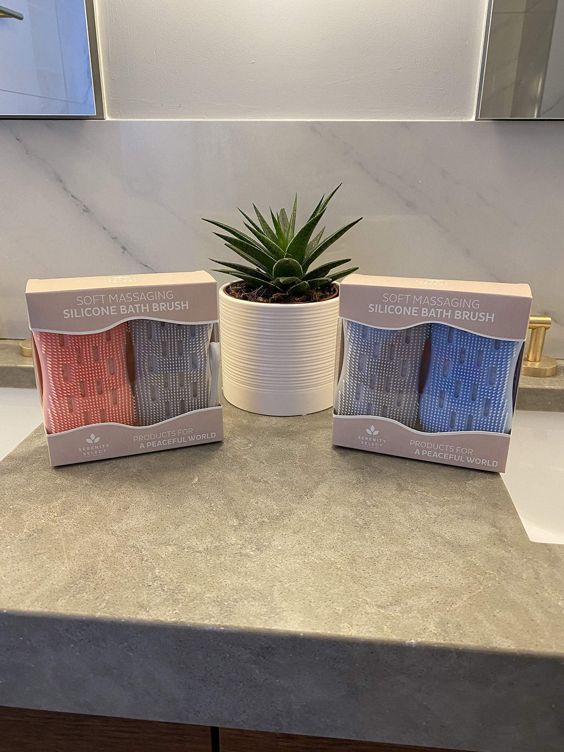 Serenity Select 2 pack Exfoliating Silicone Body Scrubbers for Use in Shower, Silicon Loofah Brush Double Sided Bath Sponge- Cleanses, Stimulates Circulation- Silicone Bath Body Brush- Blue/Gray