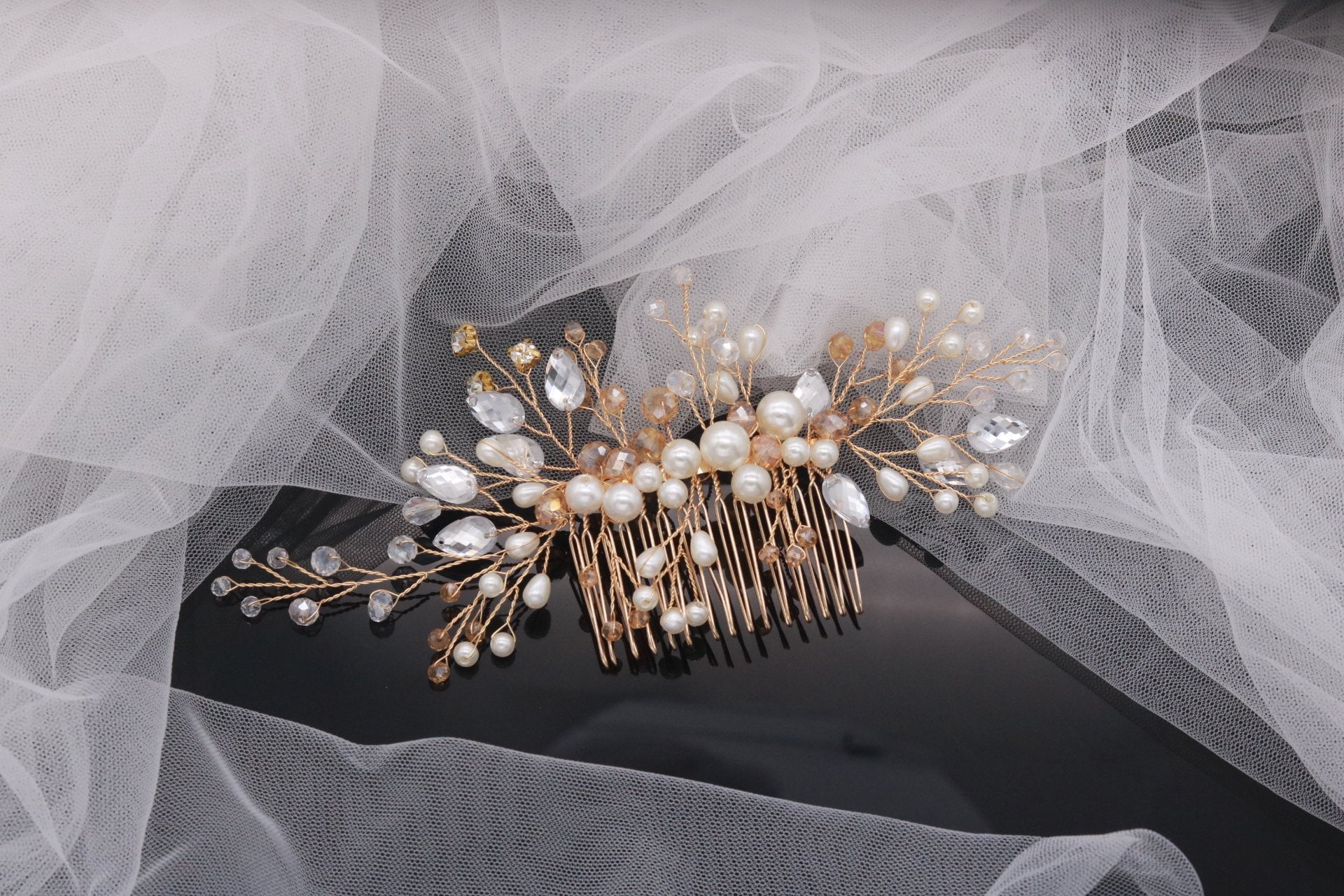 Kercisbeauty Wedding Bridal Bridesmaids Flower Girl Crystal and Pearl Side Hair Comb Slide Headpiece Long Curly Bun Hair Accessories for Prom (Gold)