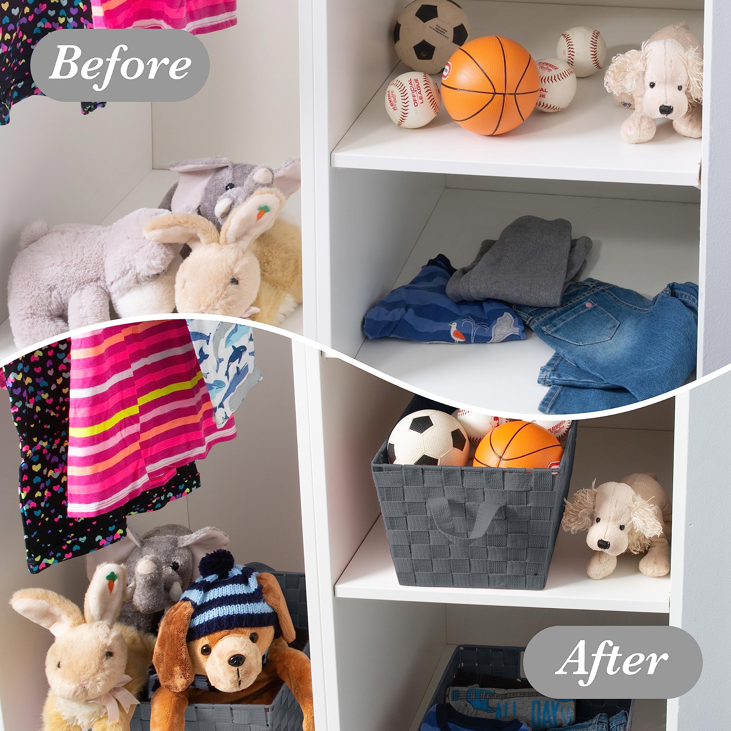 Simplify Small Shelf Woven Strap Tote | Decorative Storage Basket | Built in Handles | Organization | Closet | Bedroom | Bathroom | Nursery | Accessories | Toys | Gifts | 4 Pack | Grey