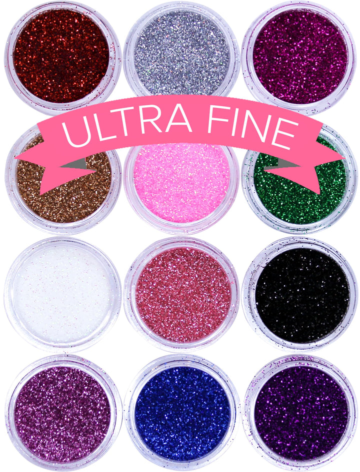 NYK1 12 x NAIL ART GLITTER POTS COLOURED FINE DUST POWDER FOR ALL NAIL ART, FACE, BODY and HAIR DECORATION AND DESIGN
