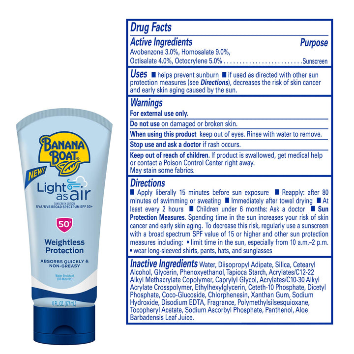 Banana Boat Light As Air Sunscreen Lotion SPF 50 Twin Pack | Lightweight & Non-Greasy Lotion Sunscreen SPF 50, Sunblock, Oxybenzone-Free, 6oz each