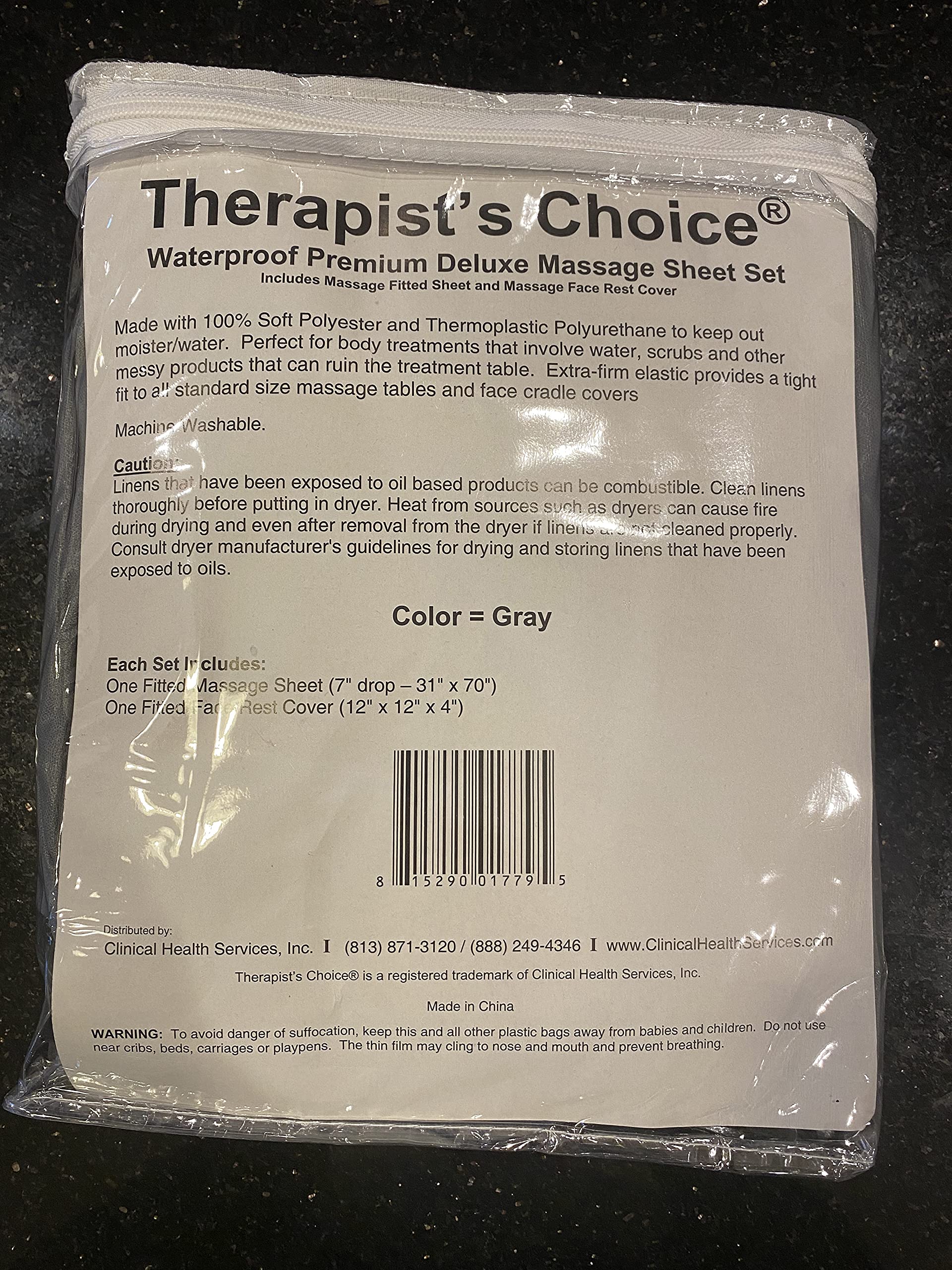 Therapist’s Choice® Waterproof Massage Sheet 2pc Set, Machine Washable, Includes Fitted Sheet & Fitted Face Cover (Massage Table Not Included) (Gray)
