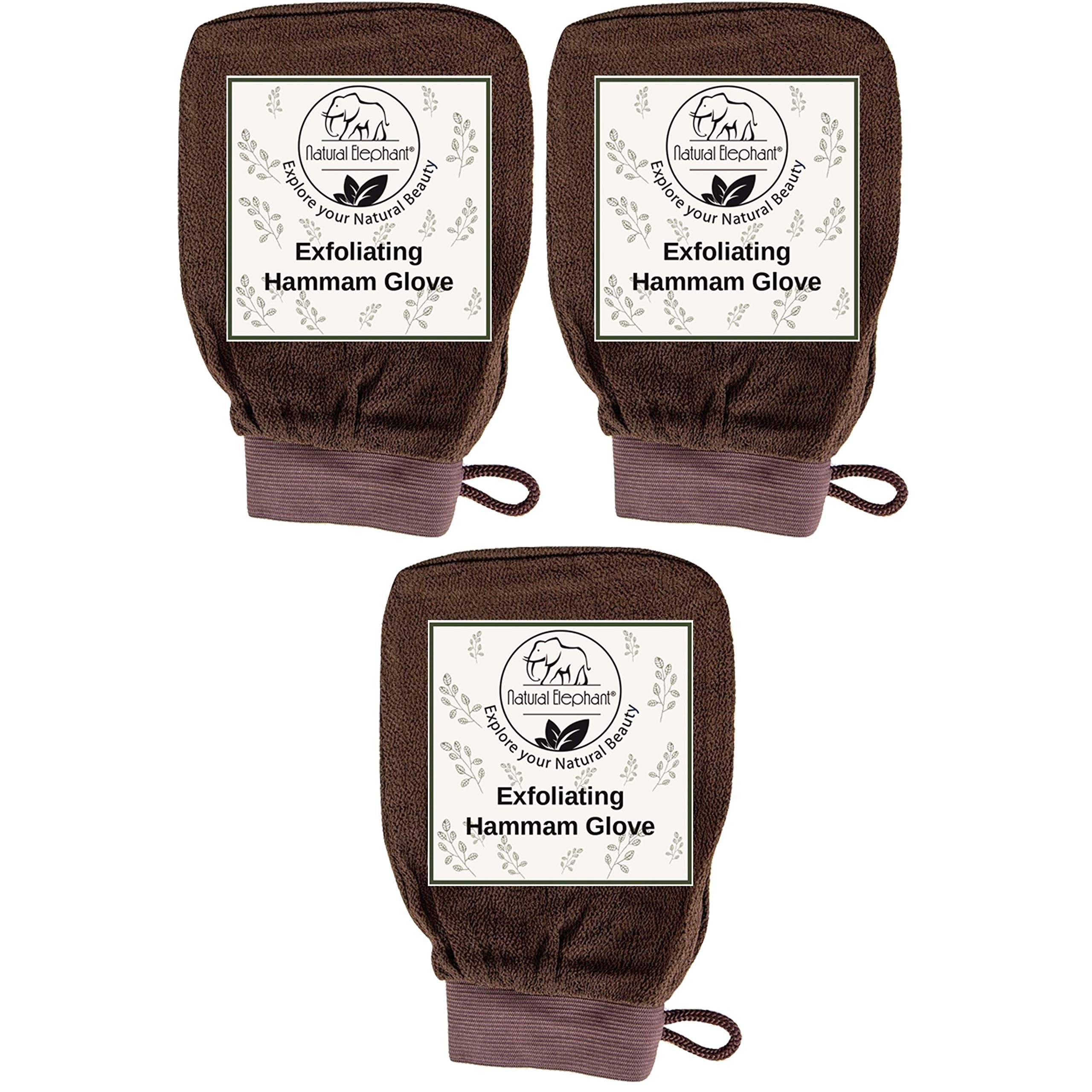 Natural Elephant Exfoliating Hammam Glove - Face and Body Exfoliator Mitt (Chocolate Brown (Pack of 3))