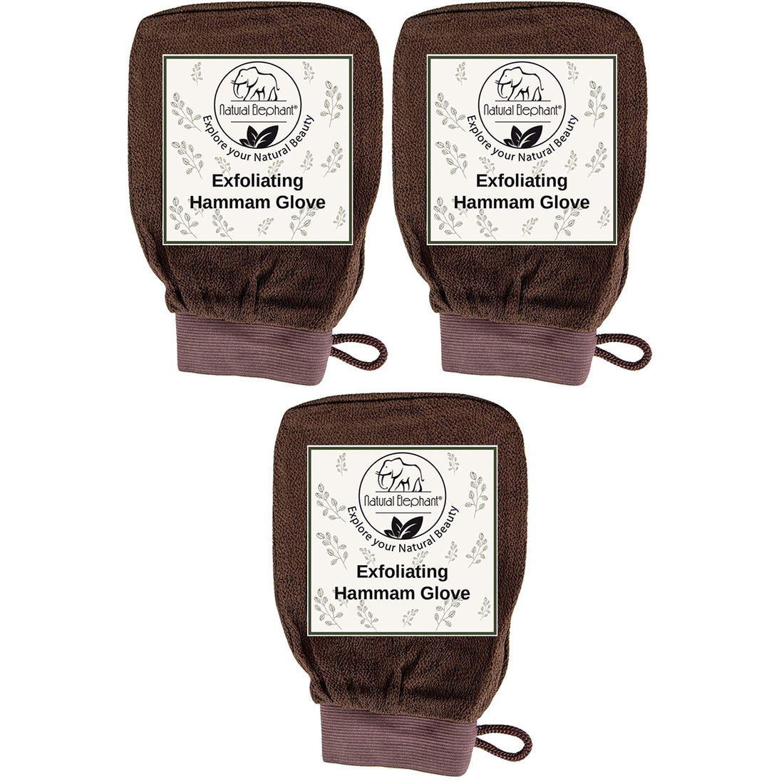 Natural Elephant Exfoliating Hammam Glove - Face and Body Exfoliator Mitt (Chocolate Brown (Pack of 3))