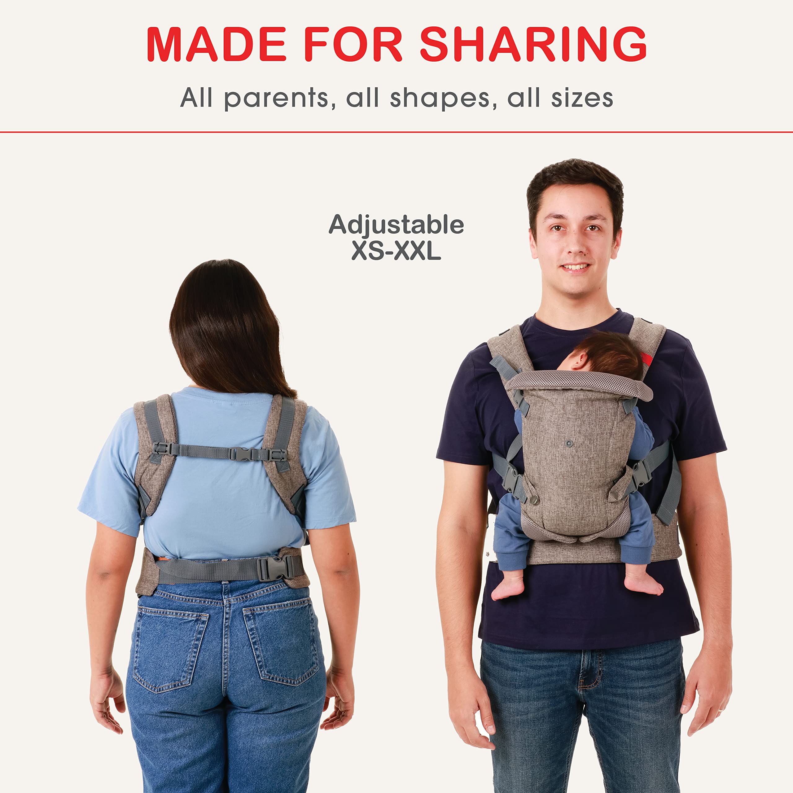 YOU+ME 4-in-1 Newborn to Toddler Chest Carrier - All Positions Front and Back Baby Carriers - Includes 2-in-1 Bandana Bib - Holder for 8-32 lbs (Grey Mesh)