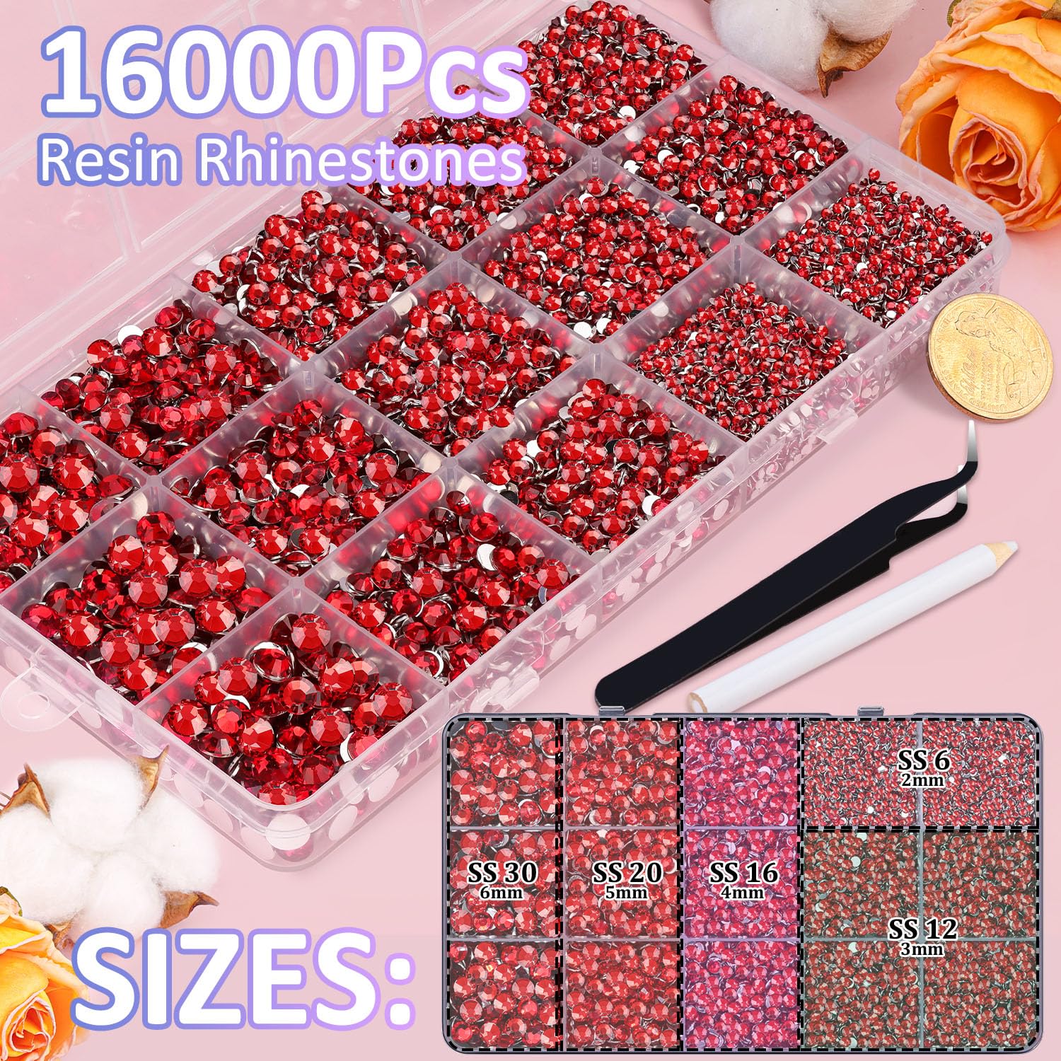 16000Pcs Resin Rhinestones with Tweezers for Crafting, Red 2-6mm Mixed Sizes Flatback Gems, Bedazzling Crystal for DIY Crafts Clothing Tumblers Mugs Shoes Fabric Nail Art