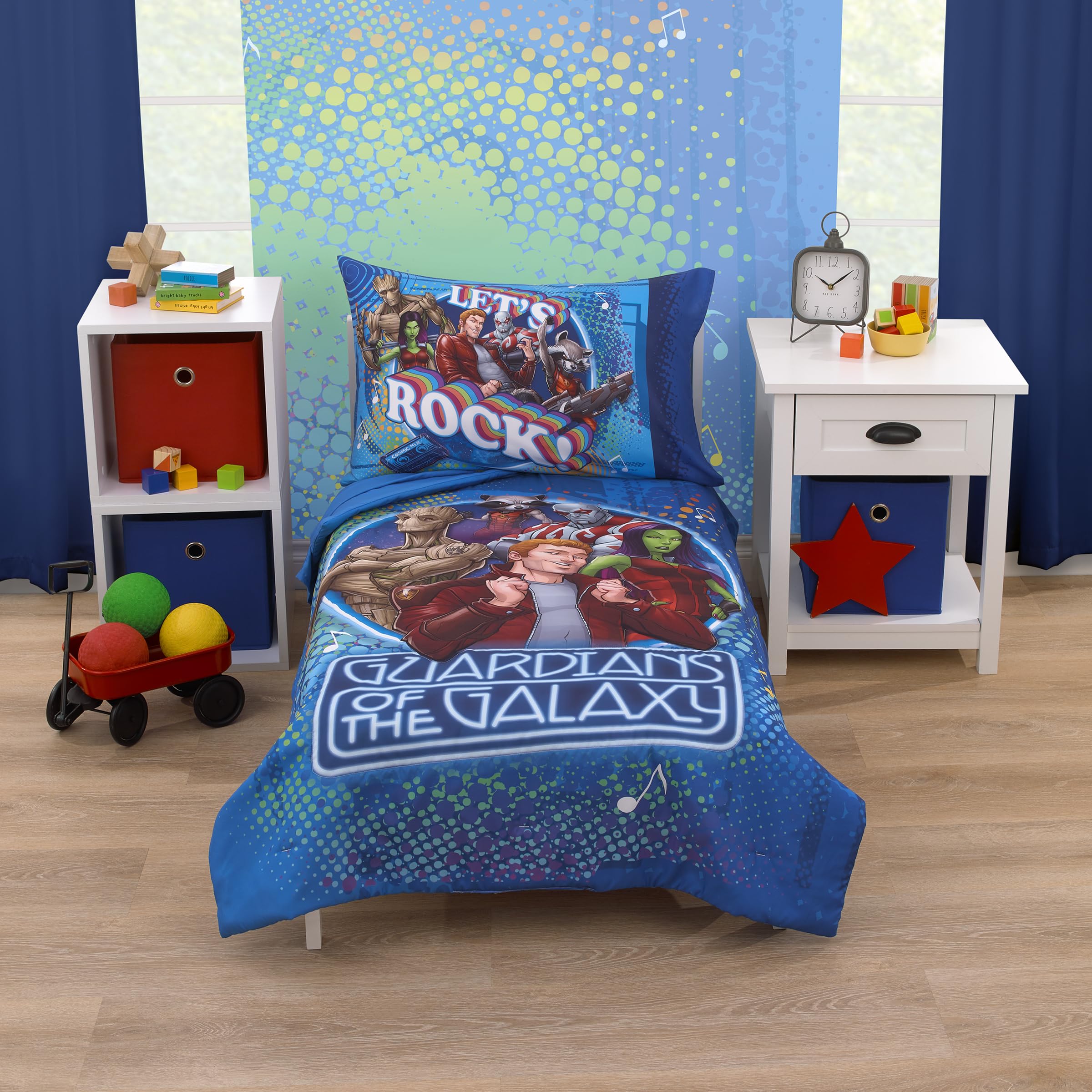 Marvel Guardians of The Galaxy Blue Let's Rock 4 Piece Toddler Bed Set - Comforter, Fitted Bottom Sheet, Flat Top Sheet, and Reversible Pillowcase