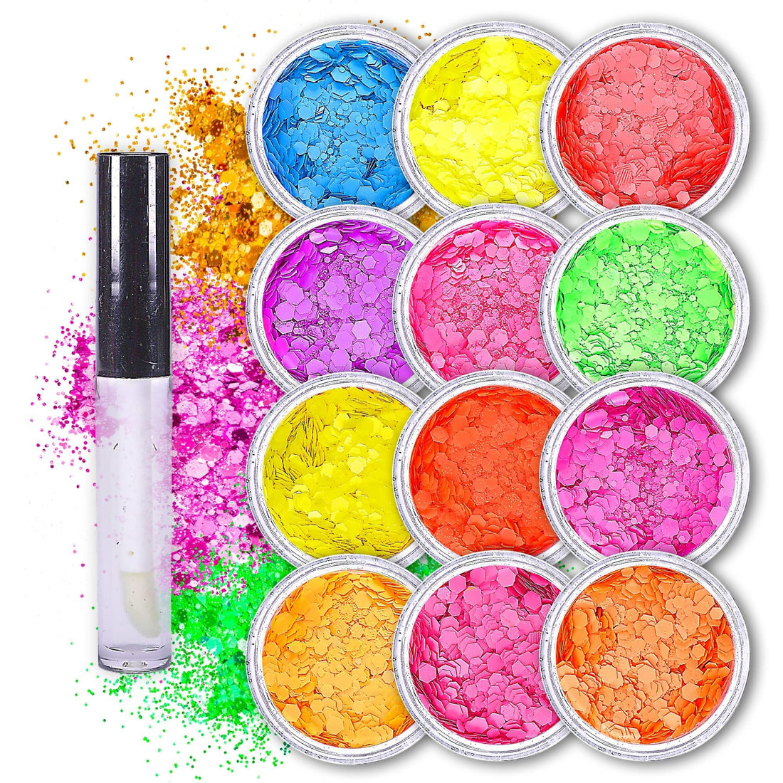 Neon Holographic Body Glitter I 12 Colors + 1 Glitter Glue for Face, Hair, Nail, Eye & Glitter Eyeshadow - Perfect for Halloween Makeup, Raves, Festivals, Resin, Tumblers, Cosmetic & Nail Art