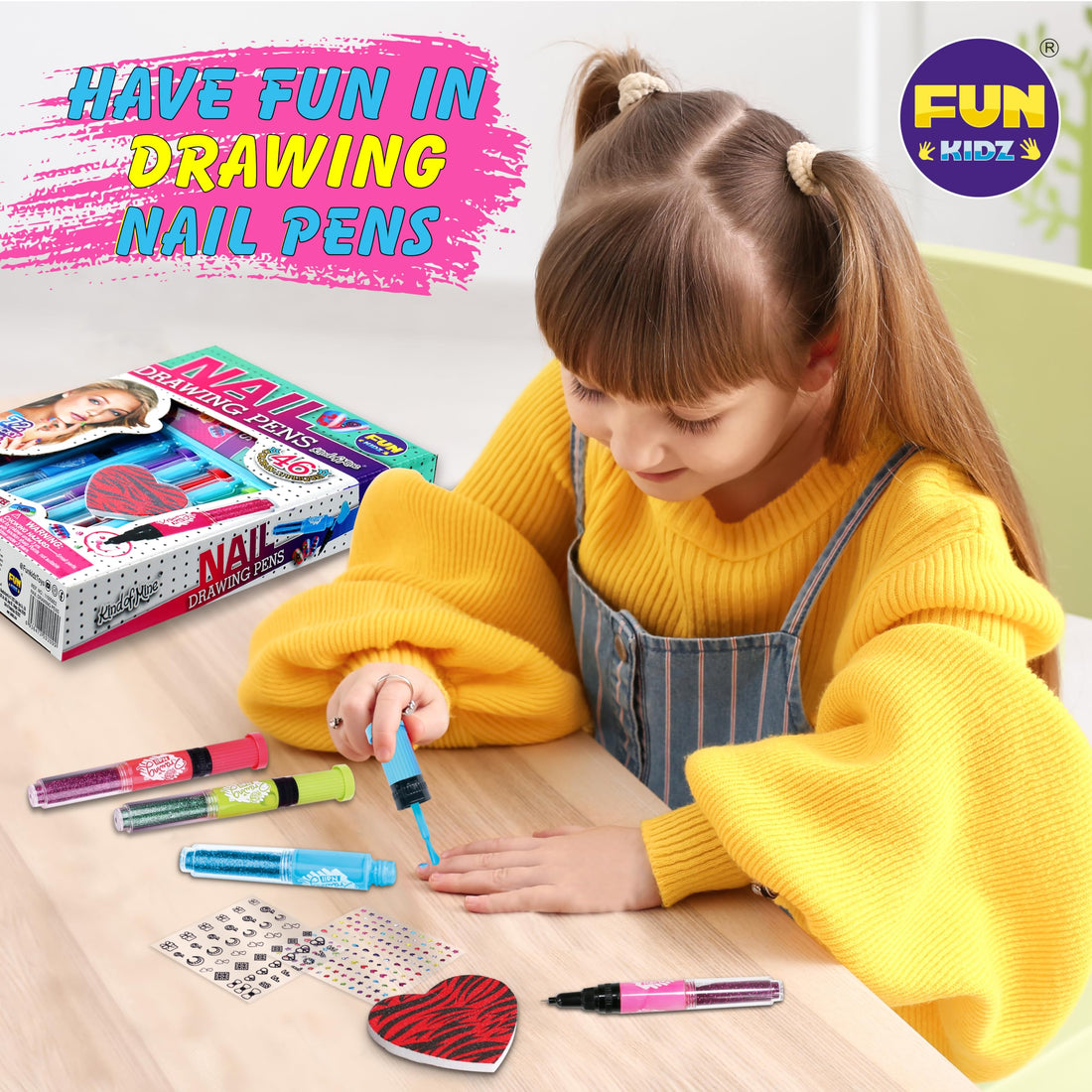 FunKidz Peelable Nail Art Set for Girls Ages 7-12, Polish Pens, Glitter Sticky Temporary Decoration Makeup Kit for Teens Party