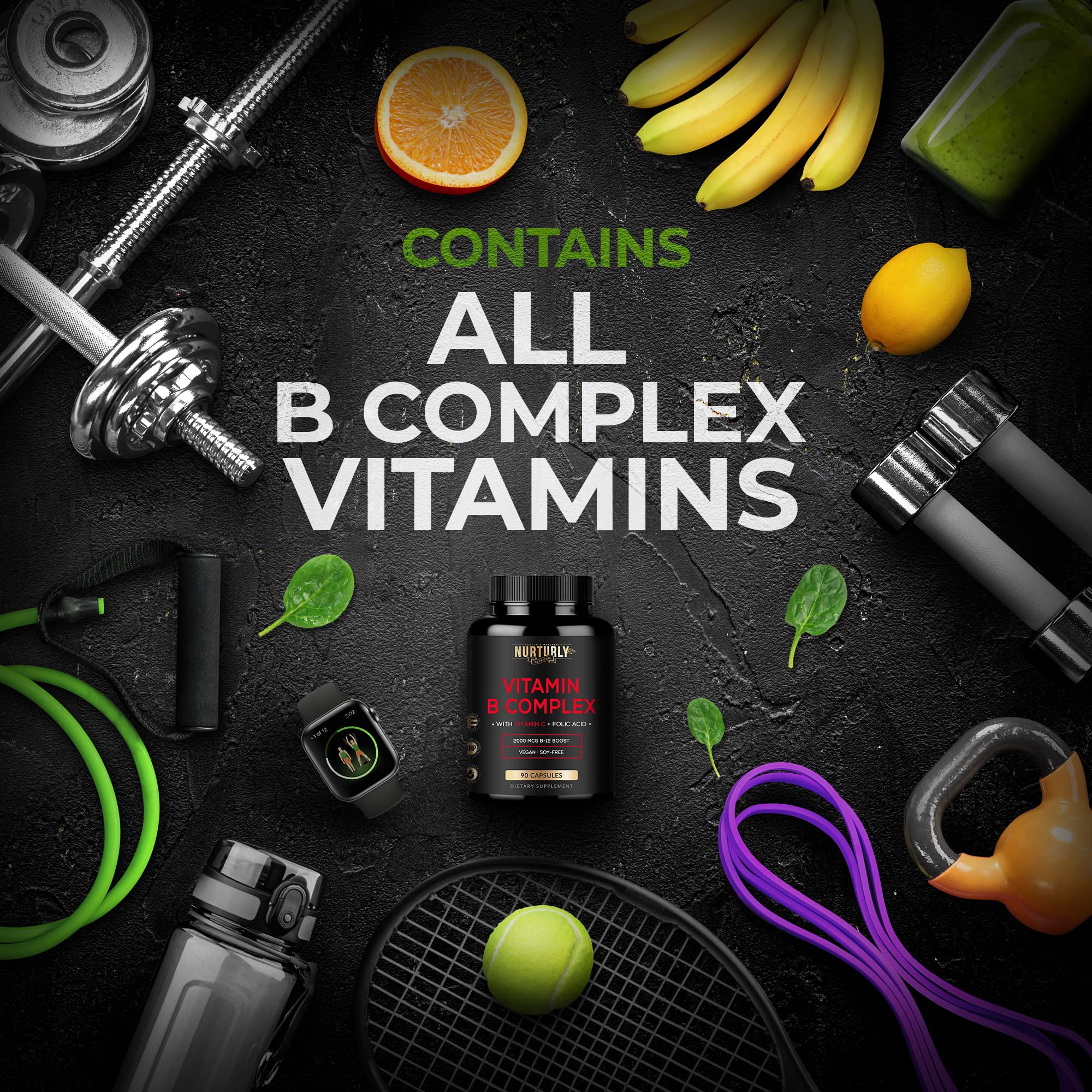 Vitamin B Complex with Vitamin C - Contains All Essential B Vitamins - B1, B2, B3, B5, B6, B7, B9, B12 and Biotin - Super B Complex Vitamins for Energy, Immunity and Mood Support - 90 Capsules