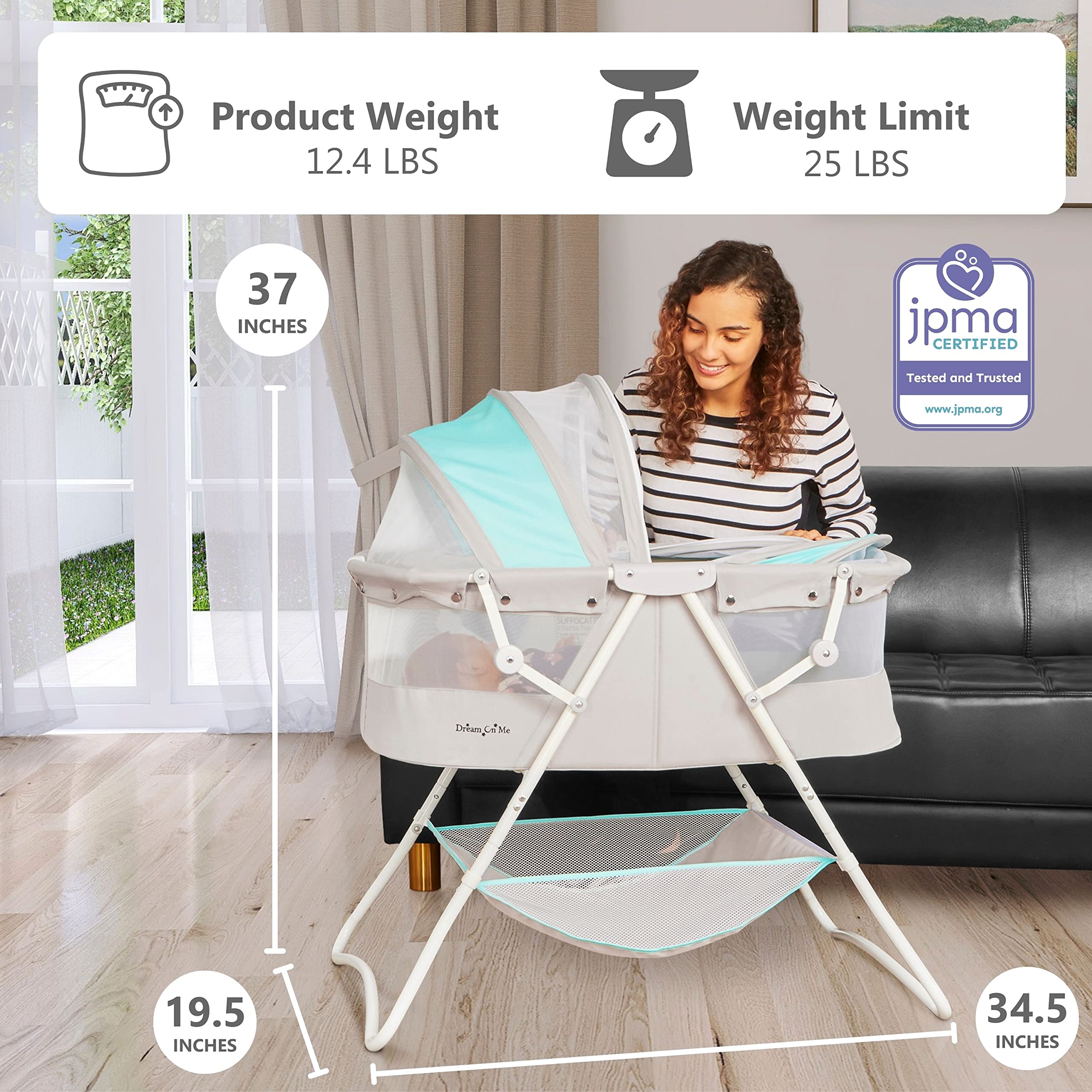 Dream On Me Karley Bassinet in Blue & Grey, Lightweight Portable Baby Bassinet, Quick Fold and Easy to Carry , Adjustable Double Canopy, Indoor and Outdoor Bassinet with Large Storage Basket.