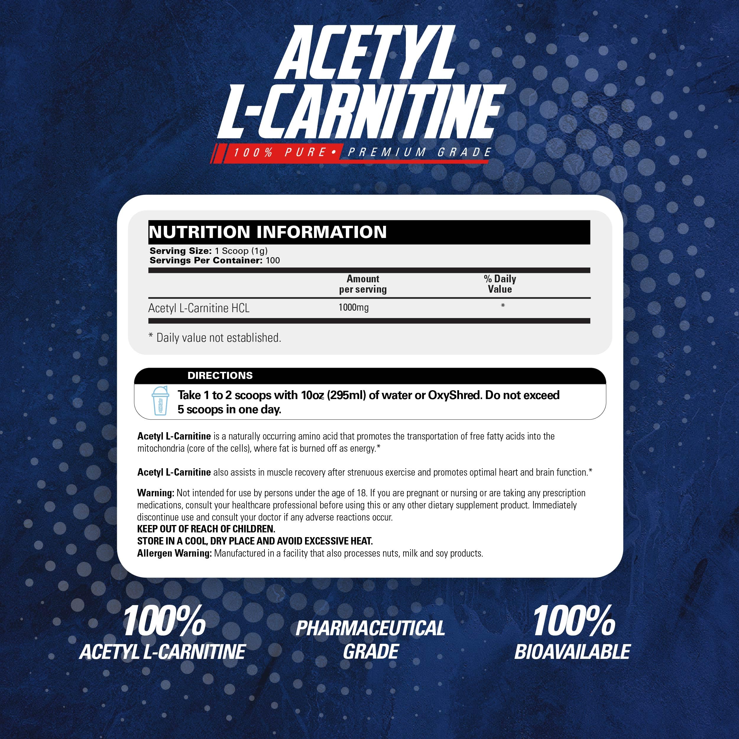 EHP Labs Acetyl L Carnitine Powder - Supports Natural Energy Production, Assists in Healthy Brain Function, Supports Heart Health, Vegan, Gluten Free, Non GMO - 100 Servings