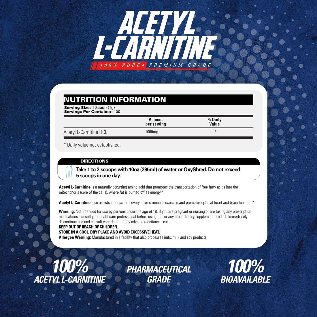 EHP Labs Acetyl L Carnitine Powder - Supports Natural Energy Production, Assists in Healthy Brain Function, Supports Heart Health, Vegan, Gluten Free, Non GMO - 100 Servings