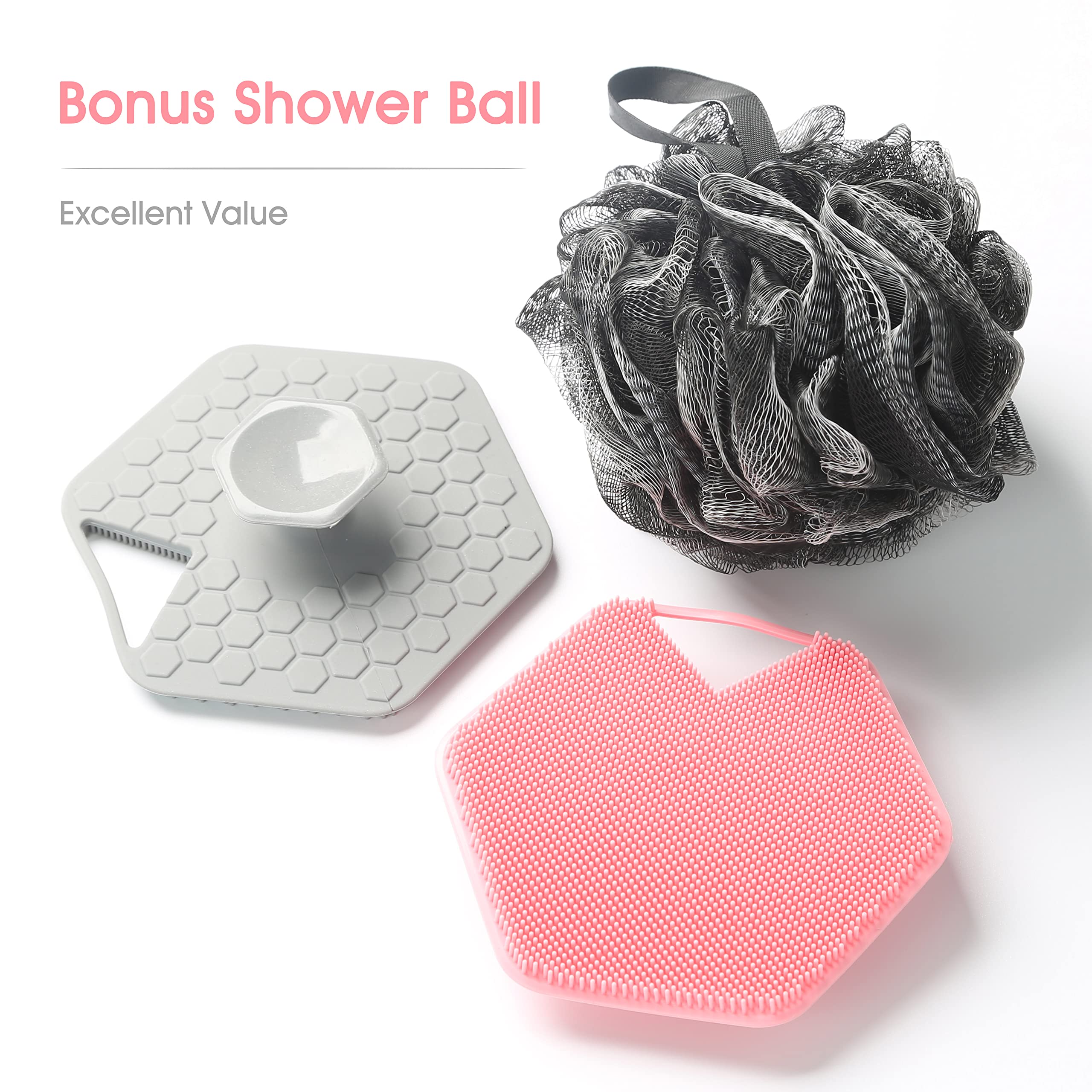 Delicate and Soft Silicone Shower Brush Set, for deep Cleansing and Exfoliation Without harming The Skin. Comes with a Shower Ball for a More Comfortable Bathing Experience!