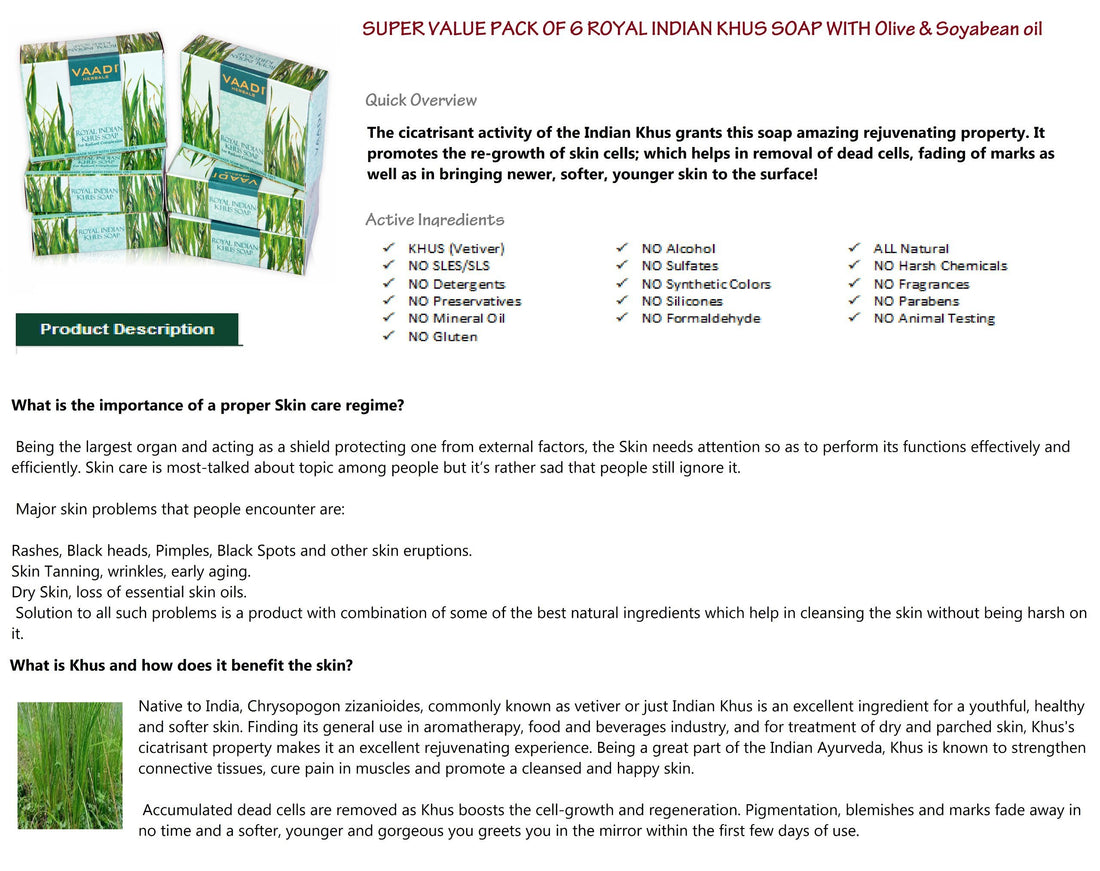 Vetiver Soap (Royal Indian Khus Bar Soap) with Olive and Soybean Oil - Handmade Herbal Soap with 100% Pure Essential Oils - ALL Natural - Each 2.65 Ounces - Pack of 6 (16 Oz) - Vaadi Herbals