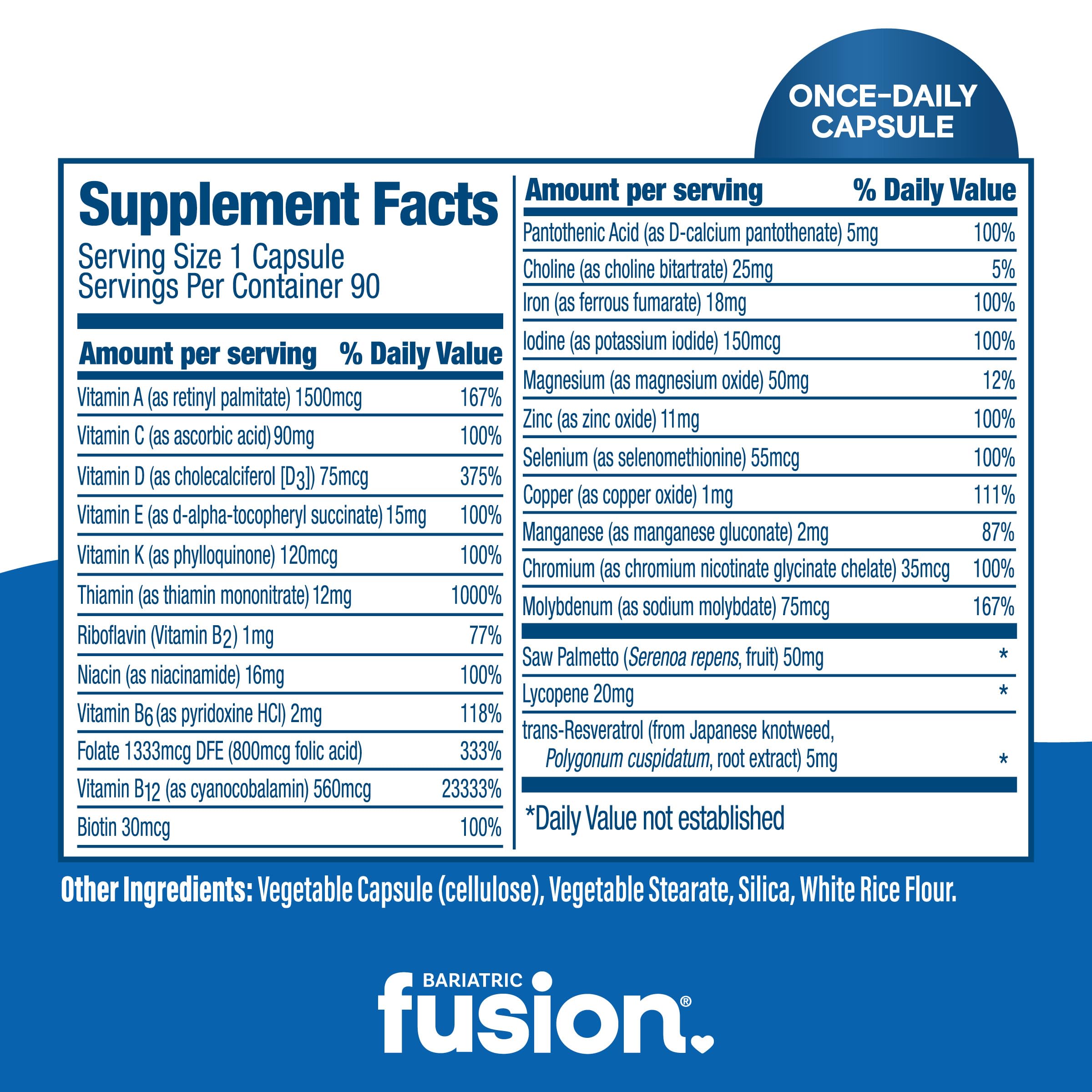 Bariatric Fusion One Per Day Bariatric Multivitamin with Iron for Men | with Prostate and Heart Support Vitamins* | Gastric Bypass and Sleeve Gastrectomy | 90 Capsules | 3 Month Supply