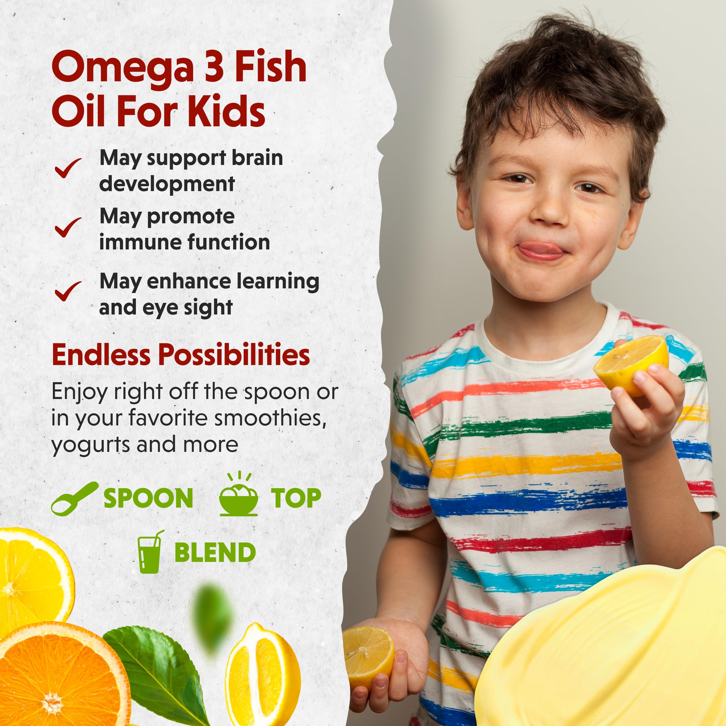 Barlean's Omega Pals Lipsmackin' Citrus Flavored Omega-3 for Kids, Yummy Children's Liquid Fish Oil Supplement with 750 mg of EPA & DHA for Brain & Eye Health, 8 oz