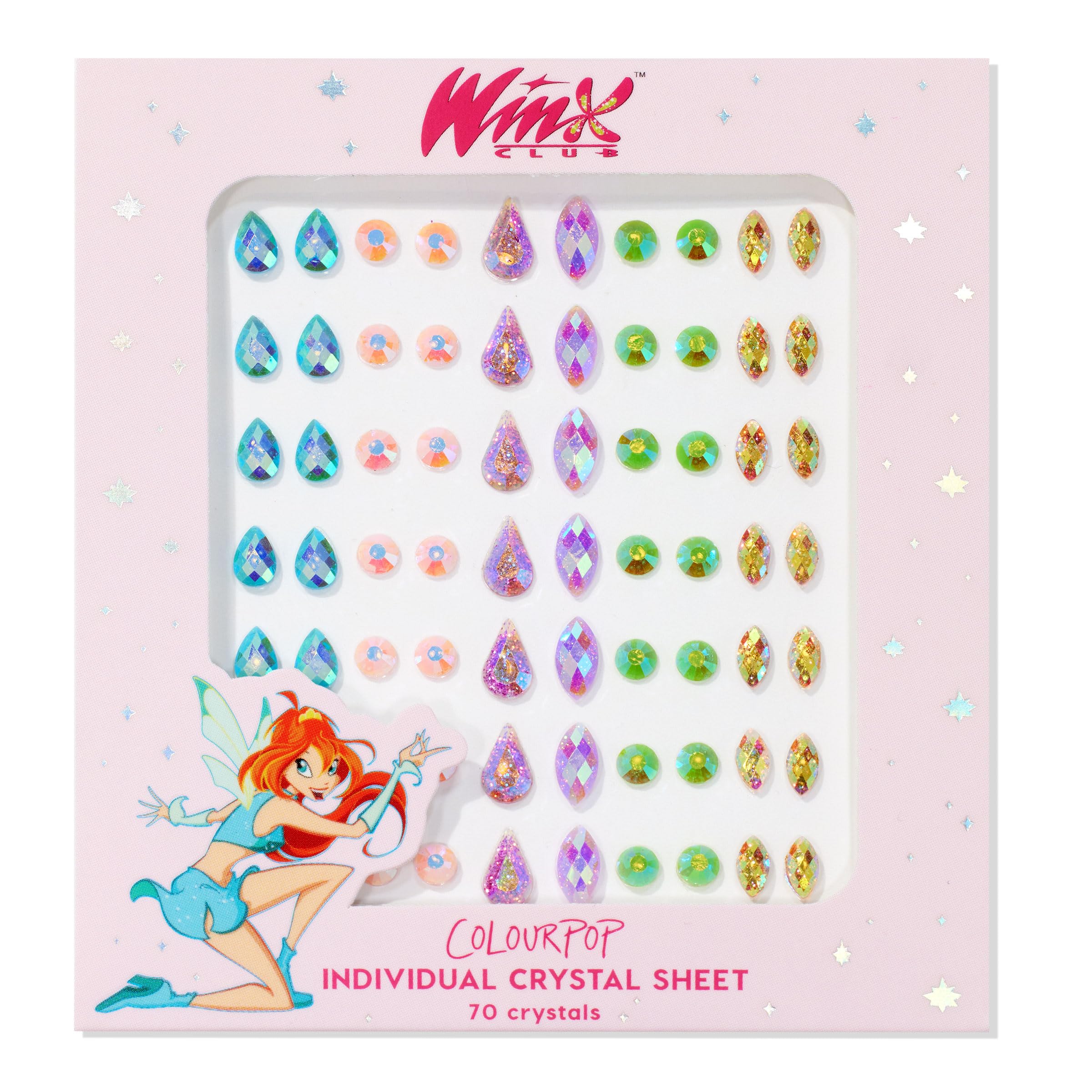 ColourPop Winx Club Face Jewels Sticker Sheet - Individual Reusable Rhinestones for Face and Body - Self-Adhesive and Easily Removable - Includes Blue, Pink, Purple, Green & Orange Crystals (1 Count)