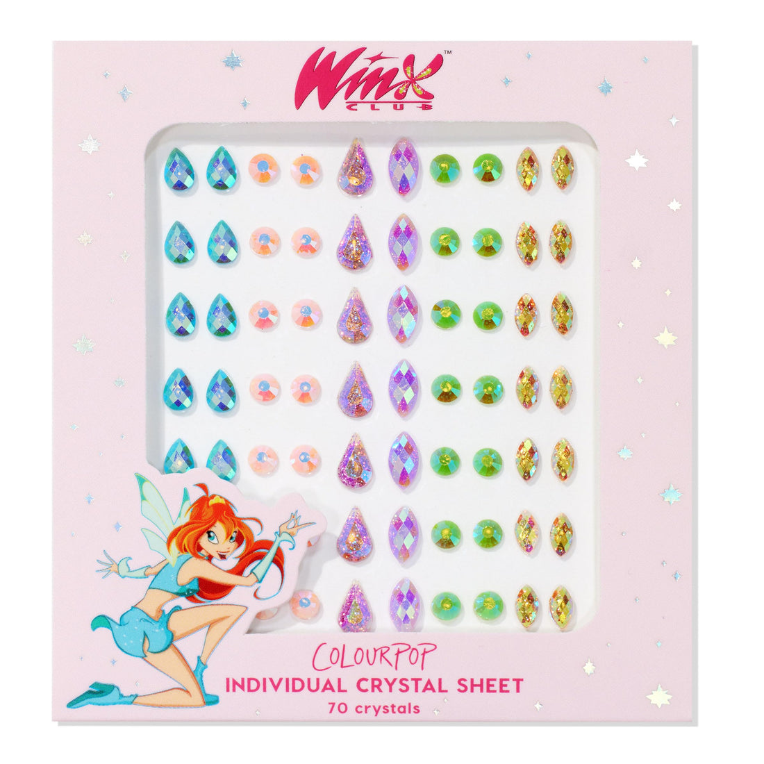 ColourPop Winx Club Face Jewels Sticker Sheet - Individual Reusable Rhinestones for Face and Body - Self-Adhesive and Easily Removable - Includes Blue, Pink, Purple, Green & Orange Crystals (1 Count)
