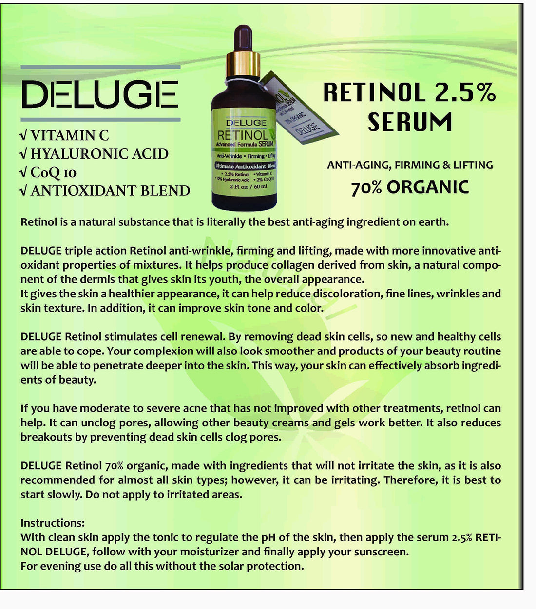 Retinol Serum Advanced Formula with Vitamin C, Hyaluronic Acid, CoQ10, Antioxidant Blend. Anti-aging, Firming & Lifting, Excellent for Sensitive Skin. 70% ORGANIC.