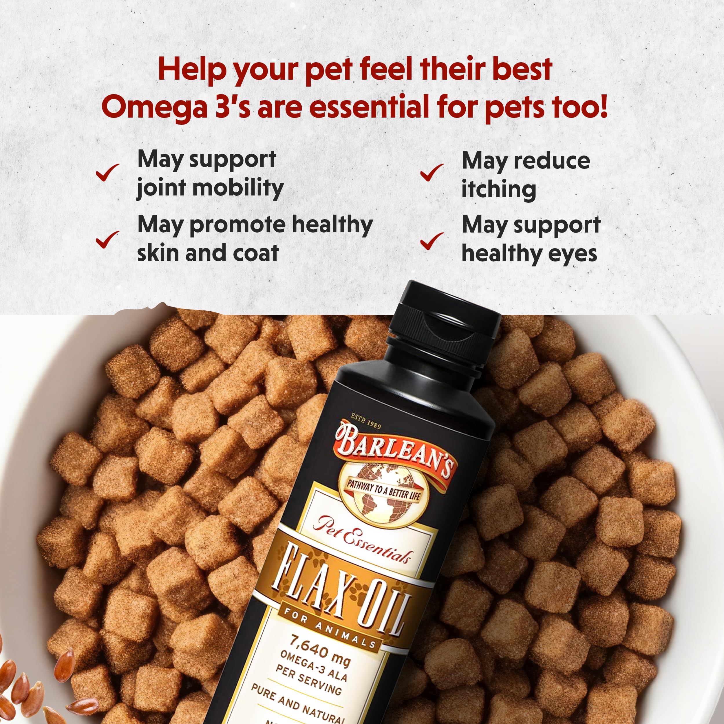 Barlean's Flaxseed Oil for Animals, Pet Essential Liquid Omega 3 Fatty Acids Cat and Dog Oil Supplements for Skin and Coat, Omega 3 for Dogs, Cats and Other Pets, 12 oz
