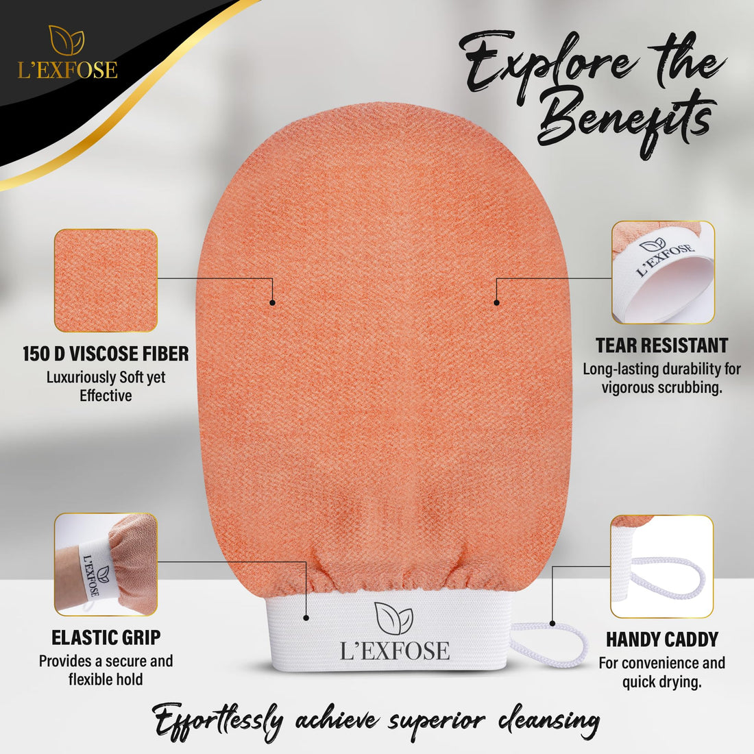 L'Exfose Kessa Hammam Deep Exfoliating Glove 2pc - Korean Exfoliating Mitt for Shower Ideal for Dead Skin Remover, Keratosis Pilaris & Self-Tanning to Improve Skin Tone Made with 100% Natural Viscose