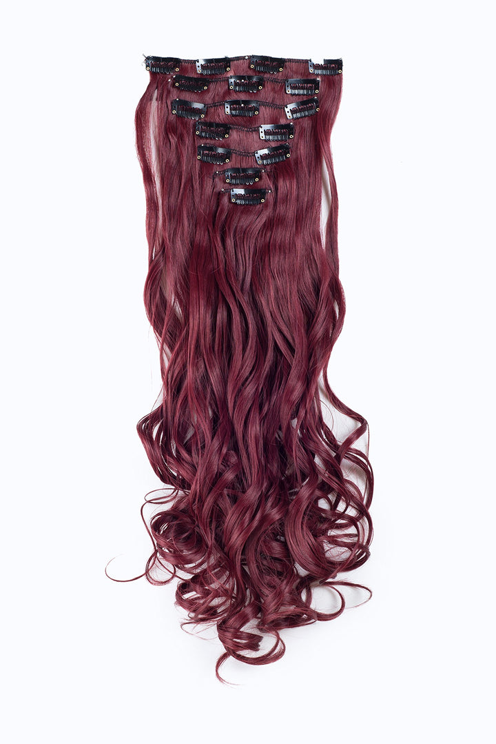 Wine Red : SWACC Women 20 Inches Curly Full Head 7 Separate Pieces Heat Resistance Synthetic Hair Clip in Hair Extensions (Wine Red)