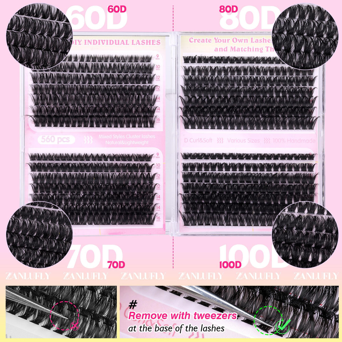 Lash Clusters D-Curly Individual Lashes Volume Eyelash Clusters Bulk zanlufly Thick Lash Extension 560Pcs Natural DIY Eyelash Extension (9-16MM,60D+70D+80D+100D)