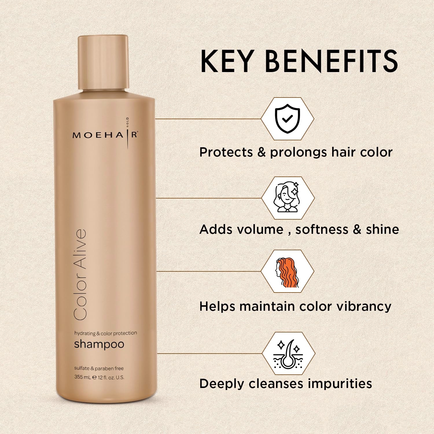 MOEHAIR Color Alive Shampoo | Moisturizing & Hydrating | Shampoo for Color-Treated Hair | Paraben & Sulfate-Free Shampoo | Rich in Safflower Oil & Castor Oil | Controls Frizz (12 Fl. Oz)