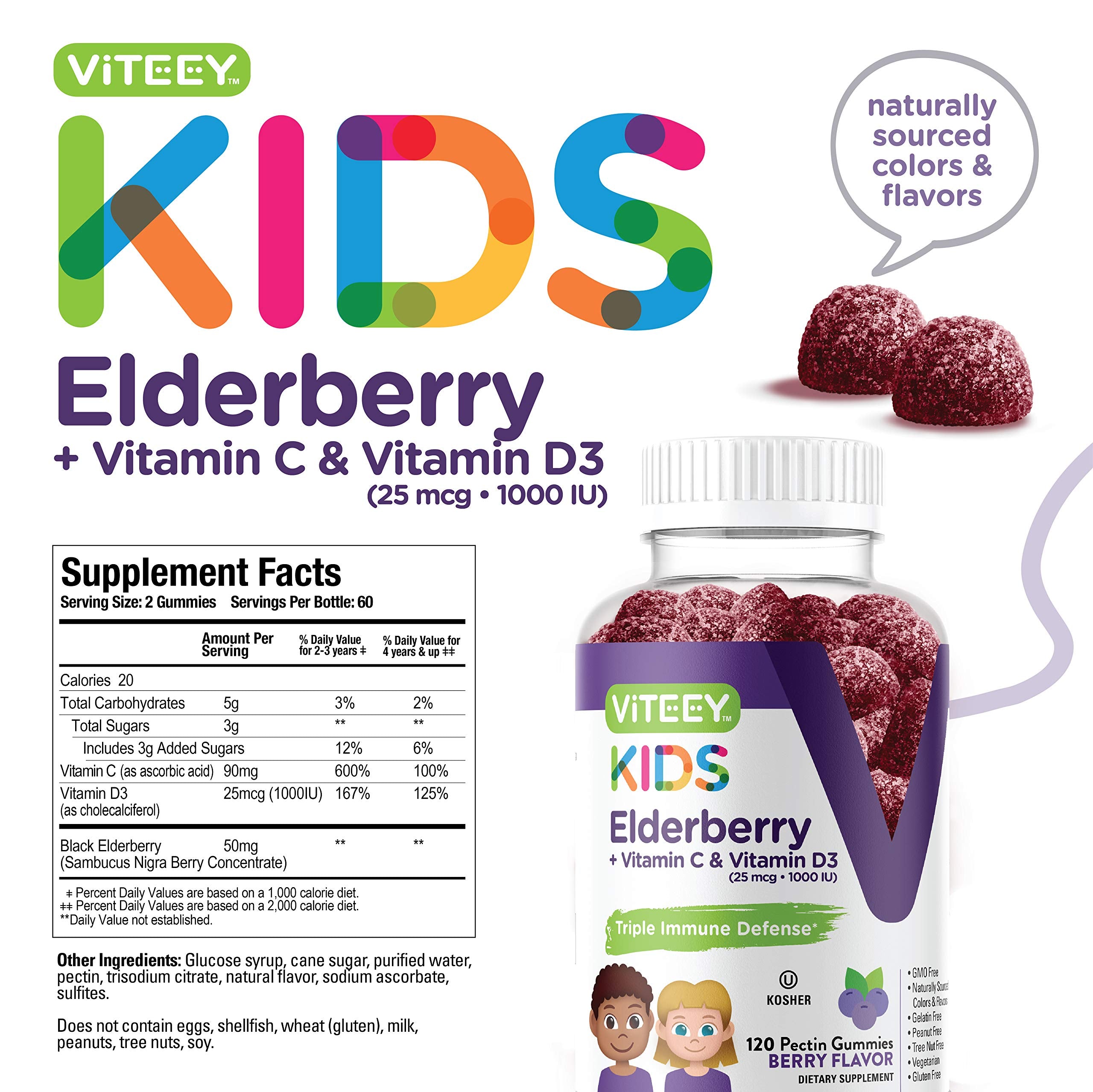 Sambucus Elderberry Gummies for Kids Immune Support Supplements with Vitamin D3 & Vitamin C - 3-1 Immune Booster - Vegetarian, Gelatin Free, Gluten Free, GMO Free - Tasty Chewable Berry Flavored Gummy
