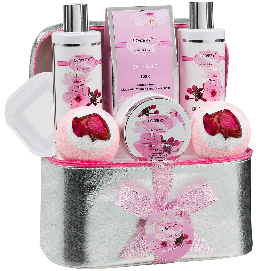 LOVERY Christmas Gifts - Bath And Body Gift Basket For Women â€“ Cherry Blossom Home Spa Set With Fragrant Lotions, 2 Extra Large Bath Bombs, Mirror And Silver Reusable Travel Cosmetics Bag